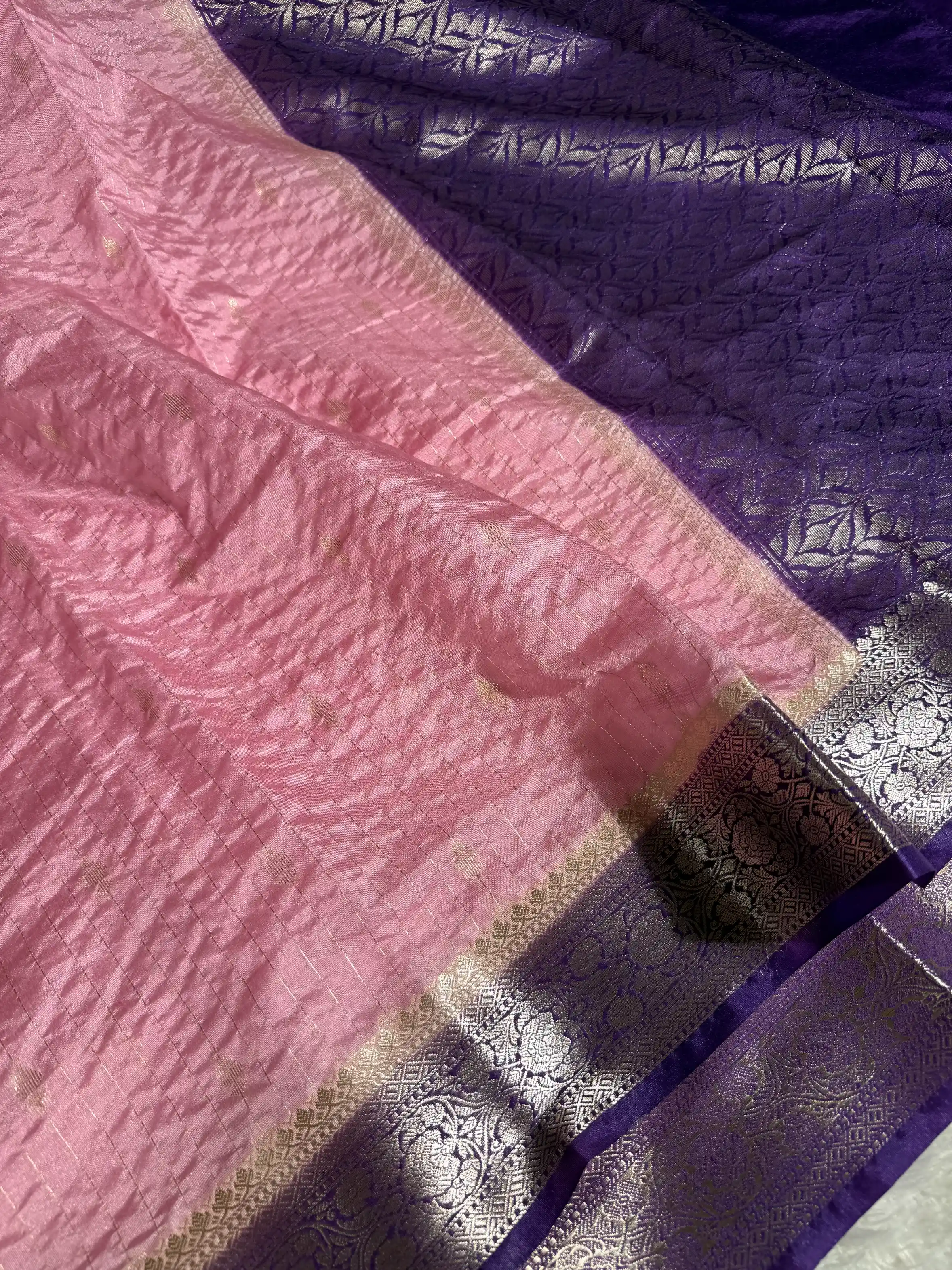 Baby Pink Chinia Silk with Contrast Purple Border Banarasi Saree