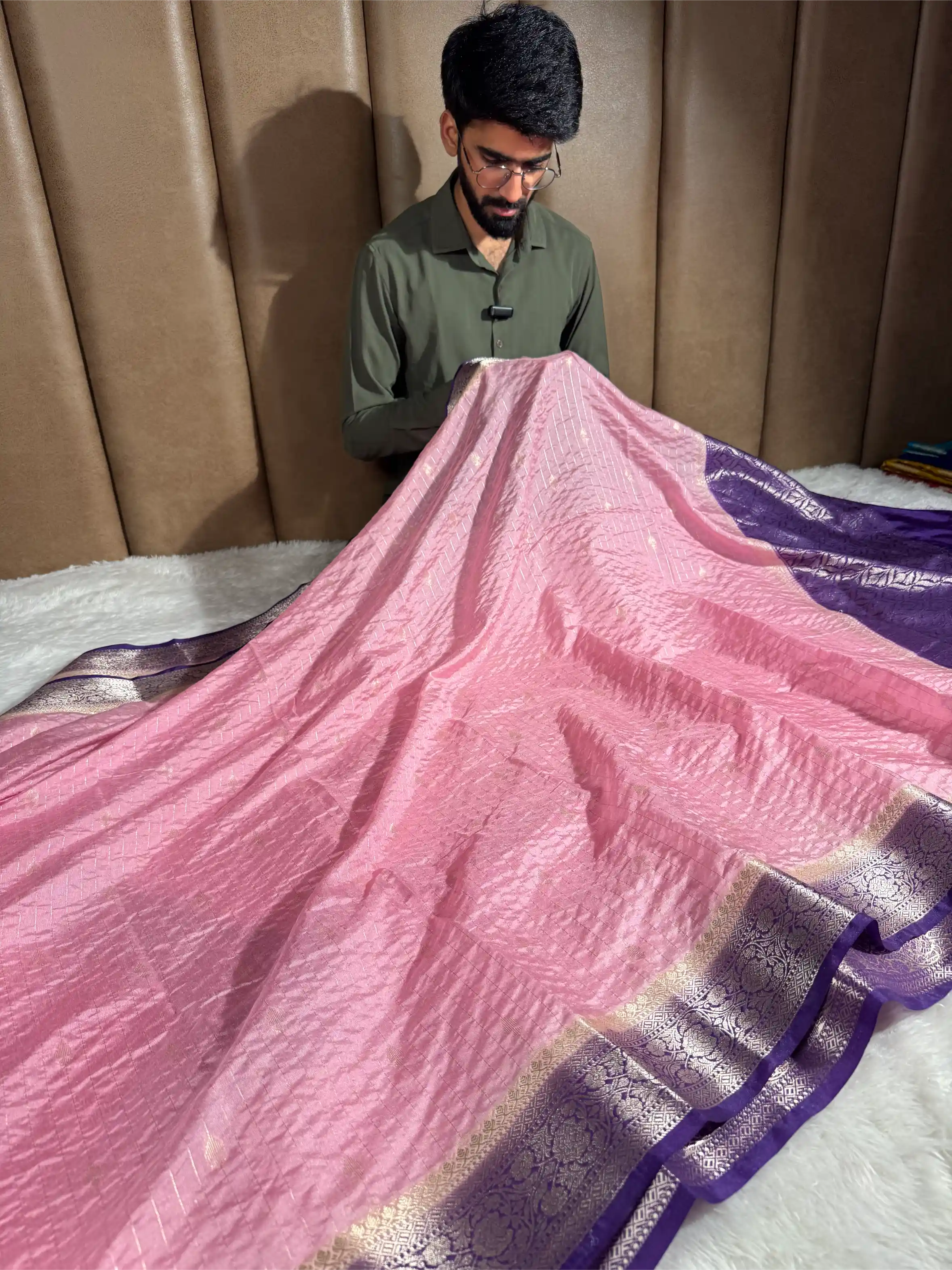 Baby Pink Chinia Silk with Contrast Purple Border Banarasi Saree