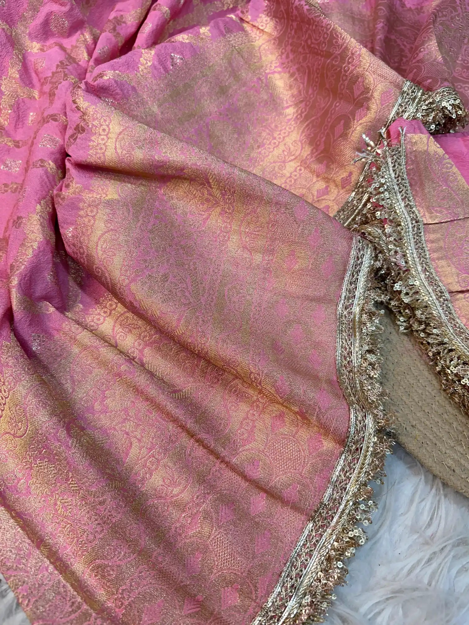 Baby Pink Chiniya Silk Exclusive Banarasi Saree with Designer Lace Work