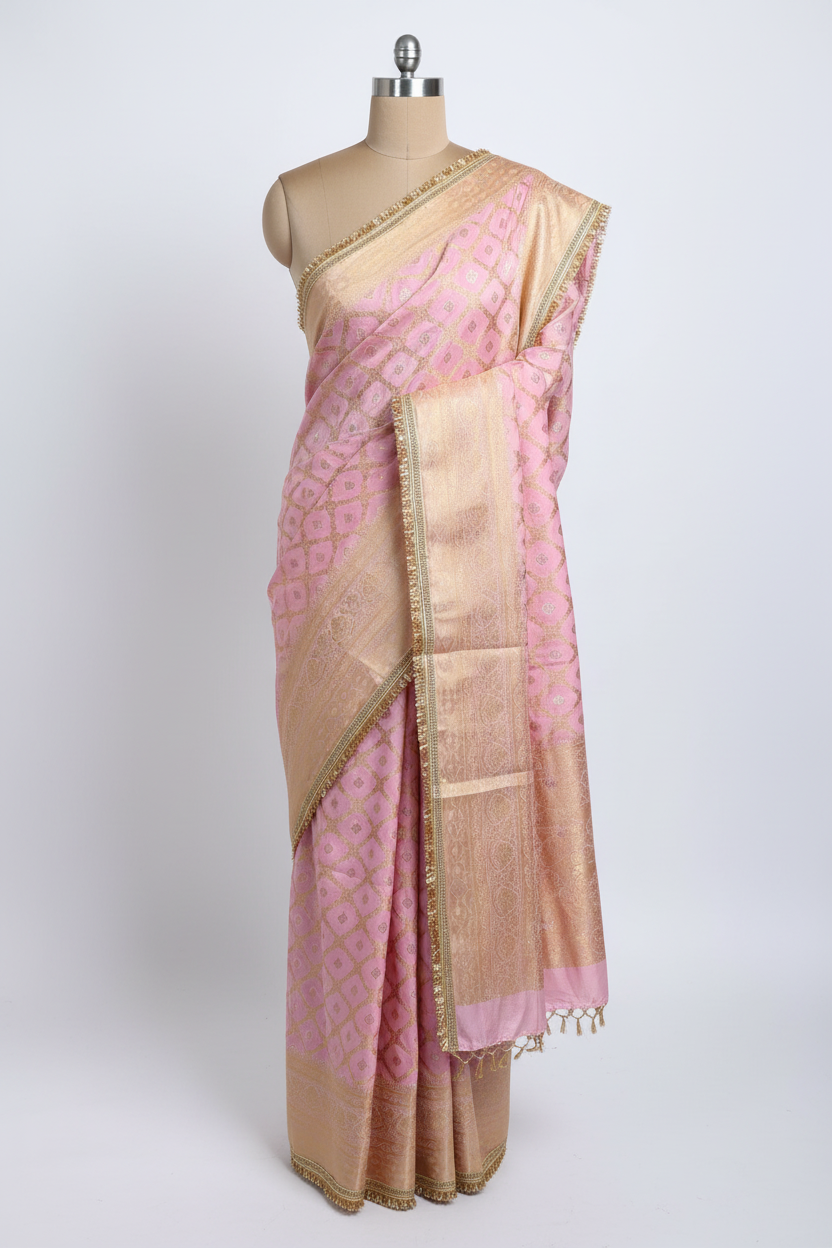 Baby Pink Chiniya Silk Lace Attached Banarasi Saree