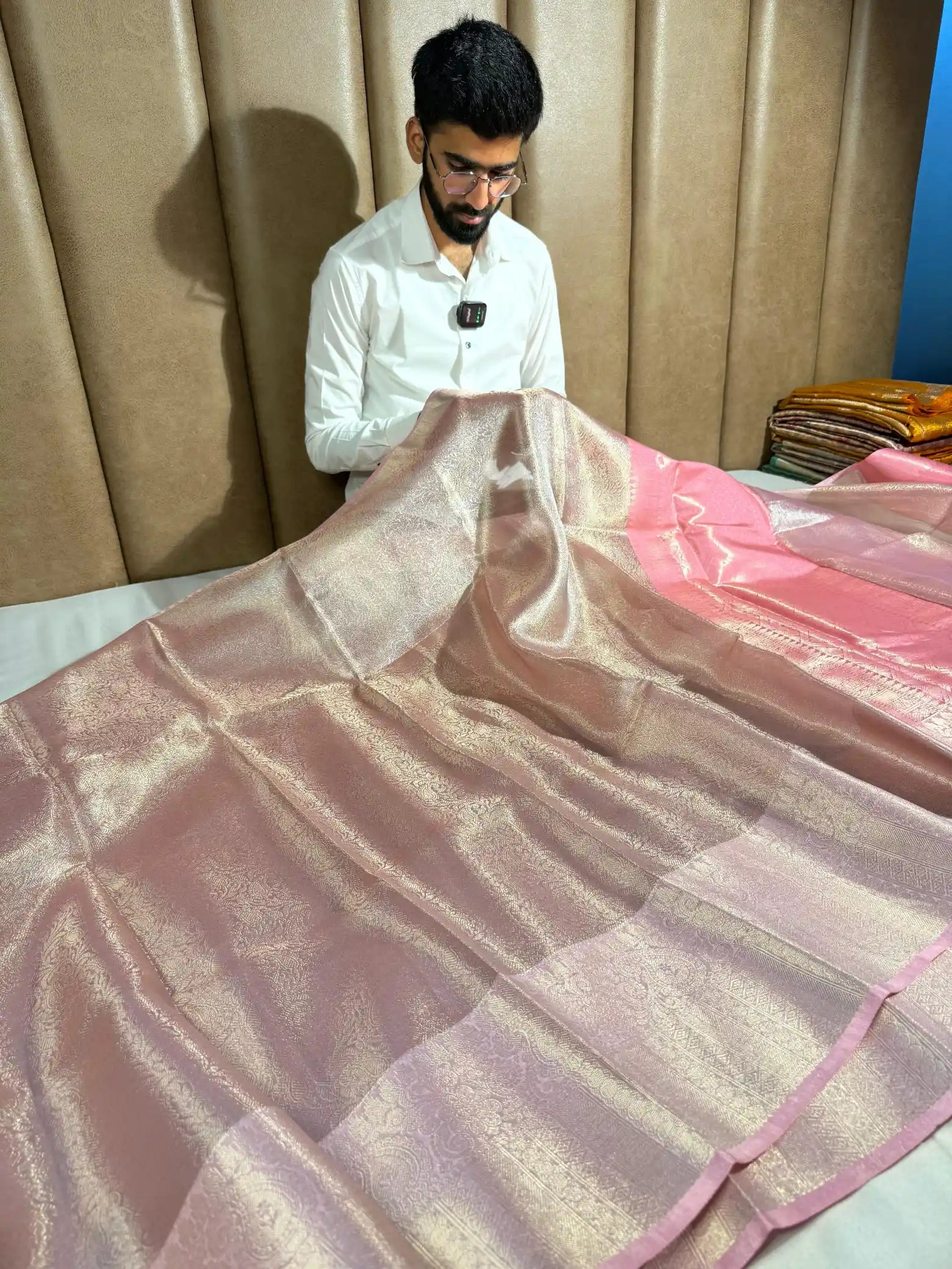 Baby Pink Embossed Kanjivaram Tissue Saree