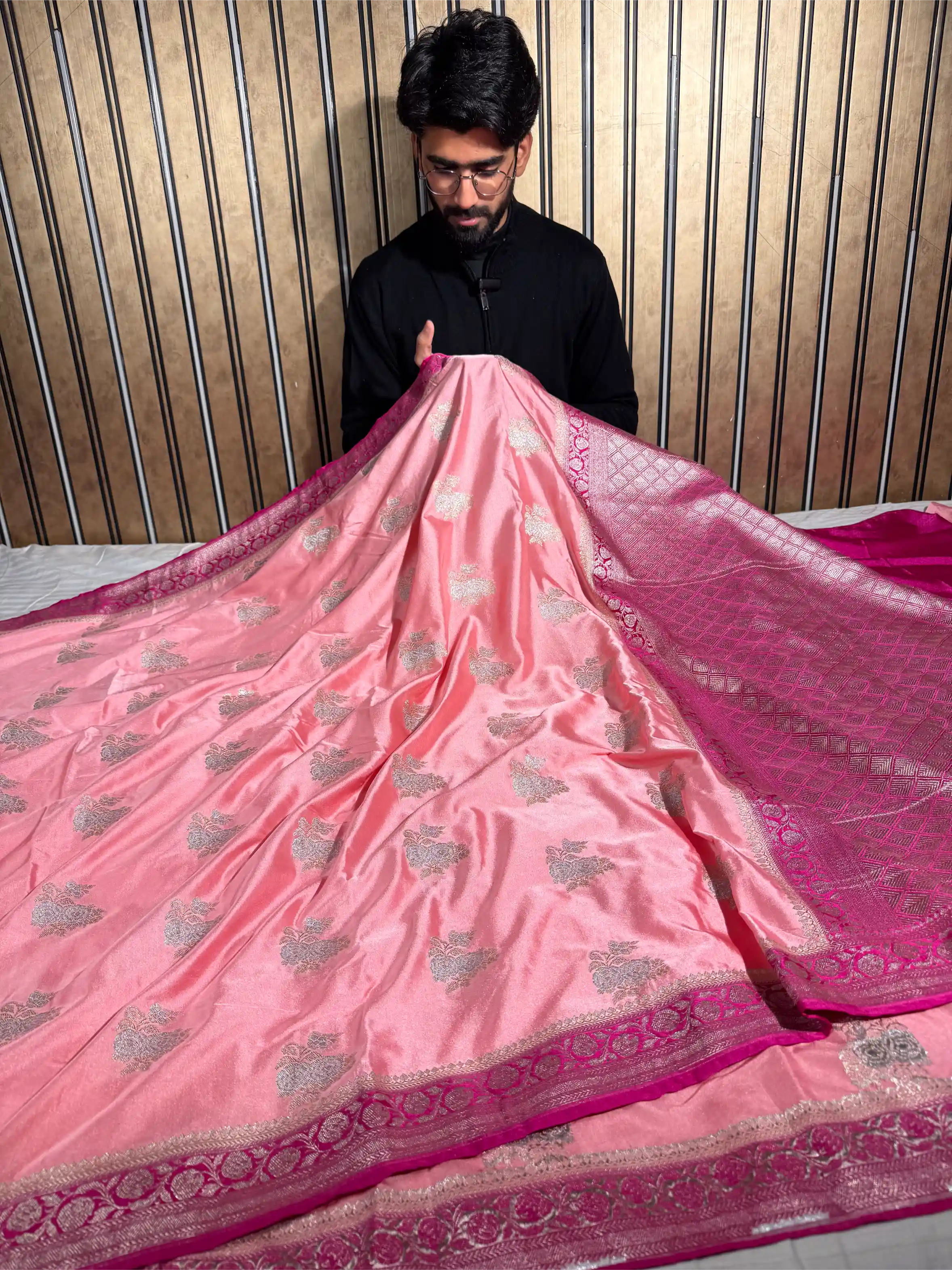 Baby Pink Mashru Katan Silk Silver Meenakari Banarasi Saree