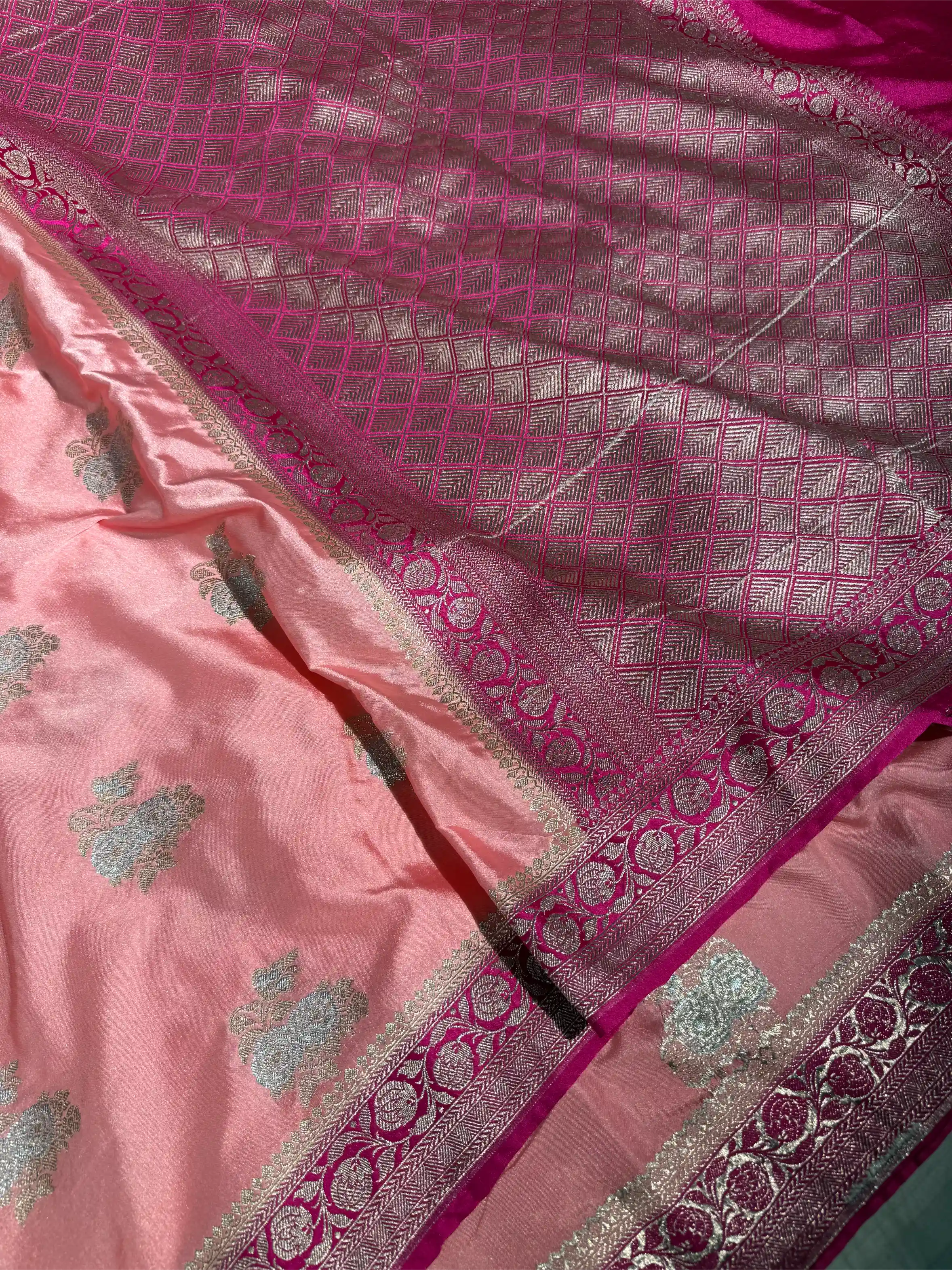 Baby Pink Mashru Katan Silk Silver Meenakari Banarasi Saree