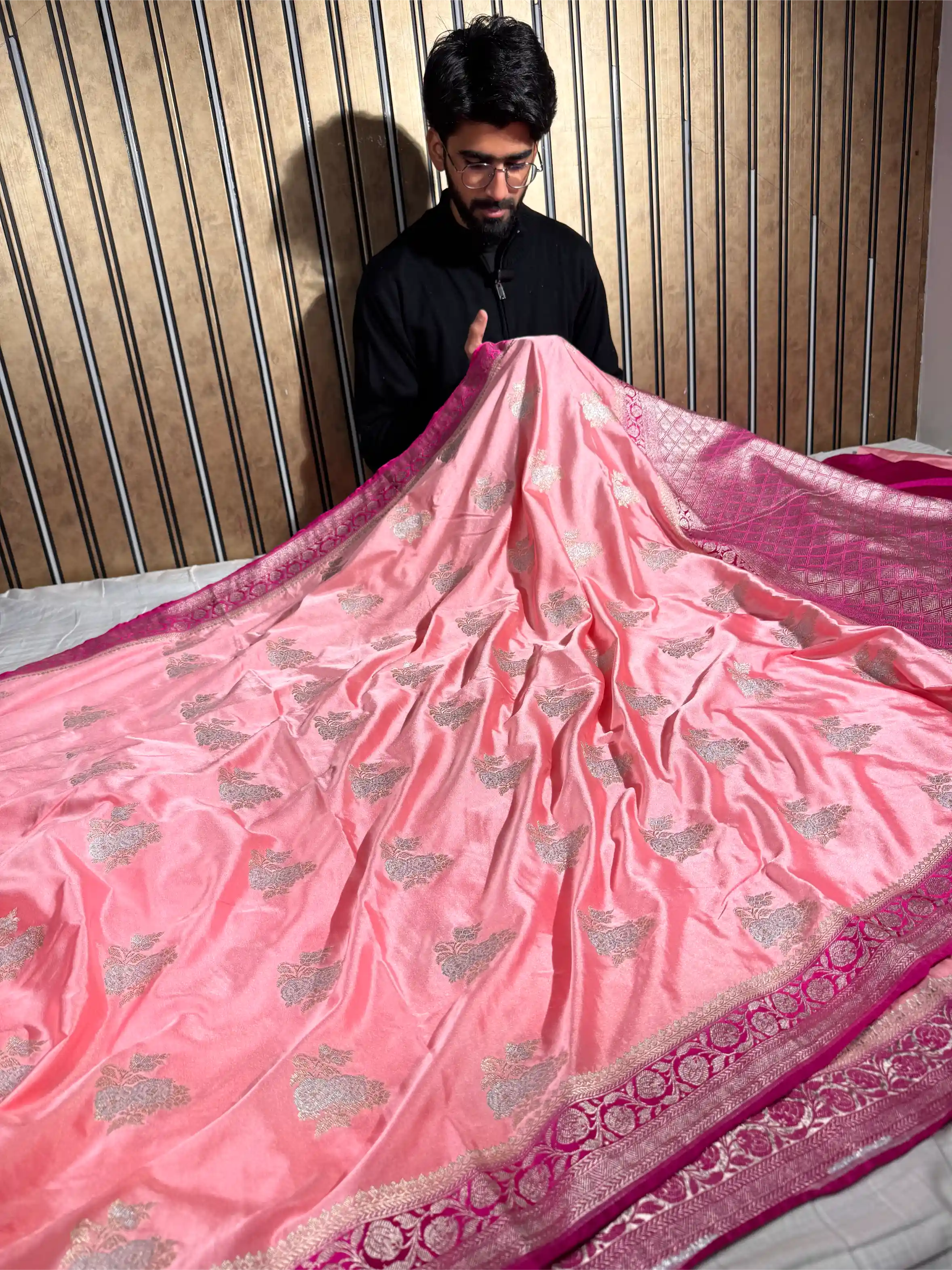 Baby Pink Mashru Katan Silk Silver Meenakari Banarasi Saree