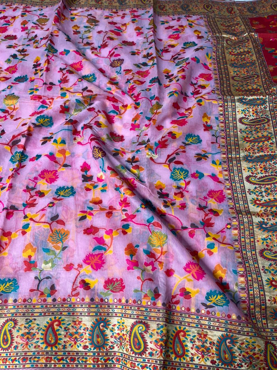 Baby Pink Pashmina Soft Cotton Silk Banaresi Saree