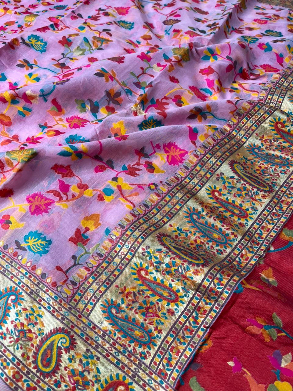 Baby Pink Pashmina Soft Cotton Silk Banaresi Saree