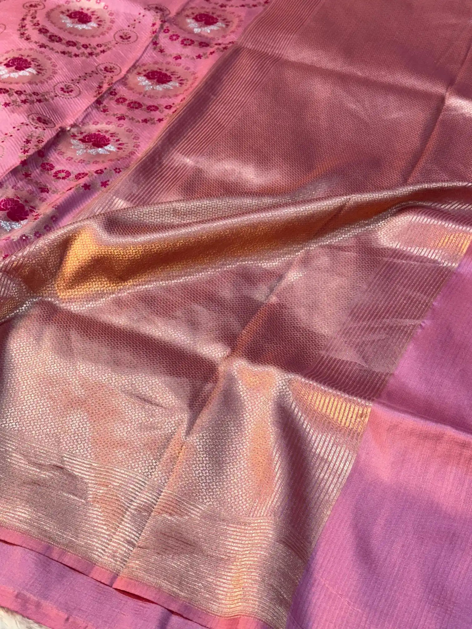 Baby Pink Pure Katan Silk Rose Boota Meenakari Banarasi Saree