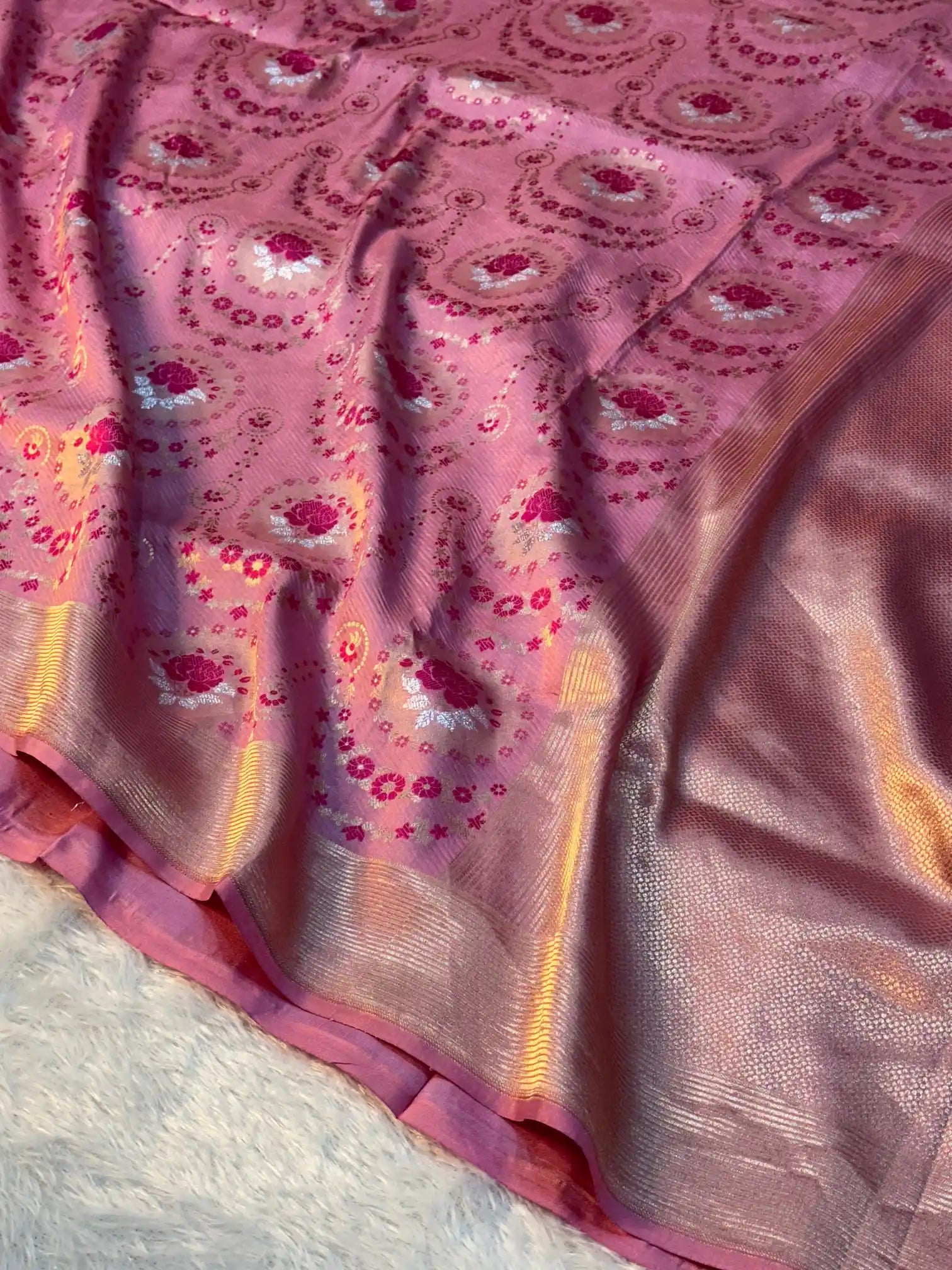 Baby Pink Pure Katan Silk Rose Boota Meenakari Banarasi Saree
