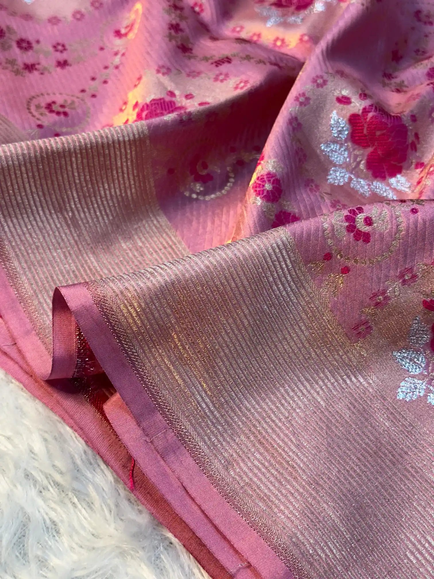 Baby Pink Pure Katan Silk Rose Boota Meenakari Banarasi Saree