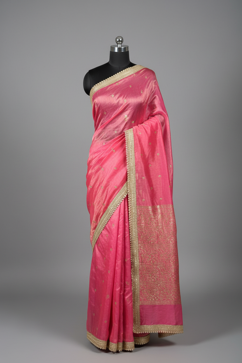 Baby Pink Shimmery Tissue Silk Embroidered Lace Work Saree