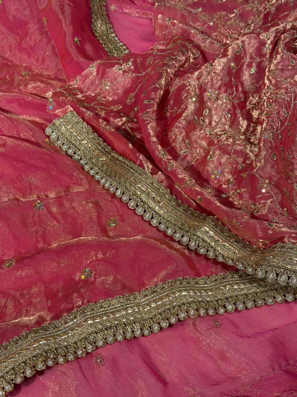 Baby Pink Shimmery Tissue Silk Embroidered Lace Work Saree