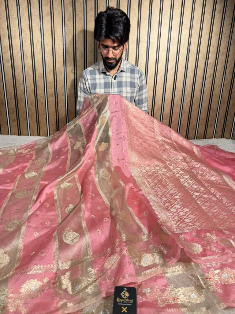 Baby pink Rangkat Chinia tissue silk Banarasi saree