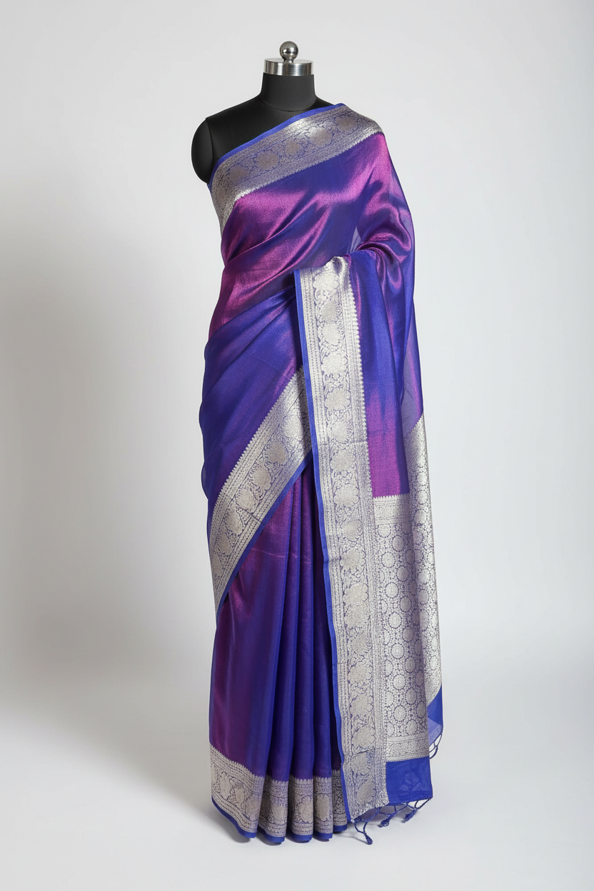 Baigani Colour in Dual Shaded Look Pure Tissue Silk Banarasi Saree