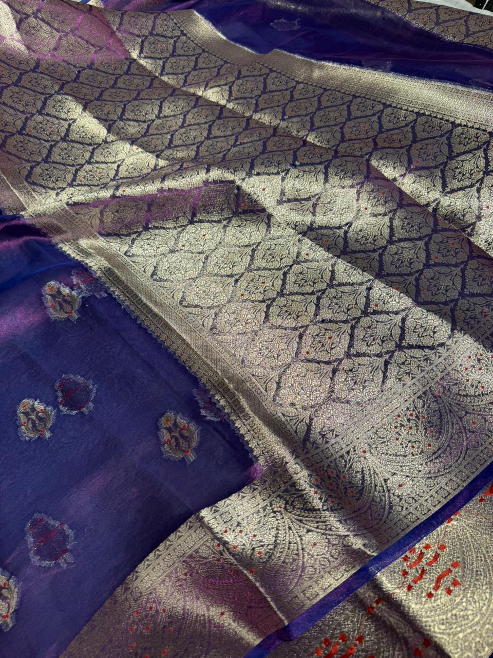 Baigani Shade Pure Tissue silk Meenakari Banarasi Saree