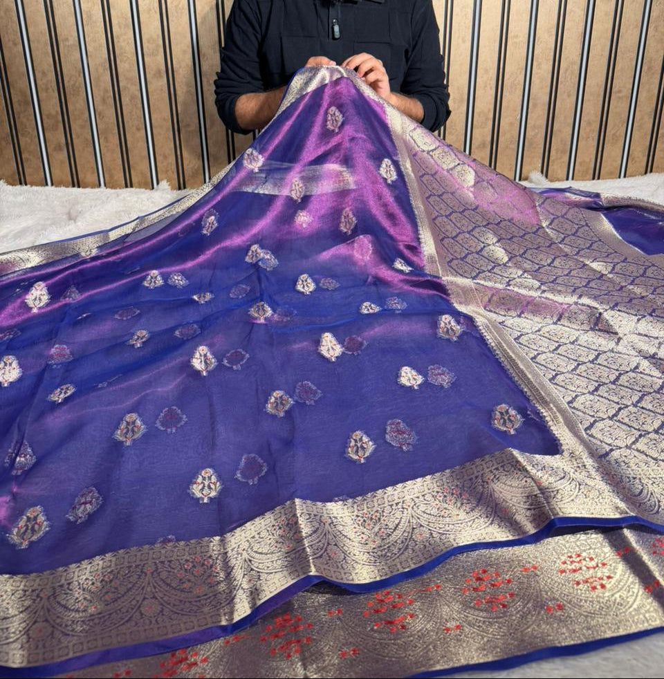 Baigani Shade Pure Tissue silk Meenakari Banarasi Saree