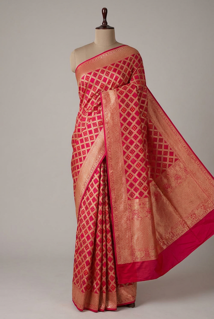 Bandhani Weave Warm Silk Banarasi Saree In Rani Shade