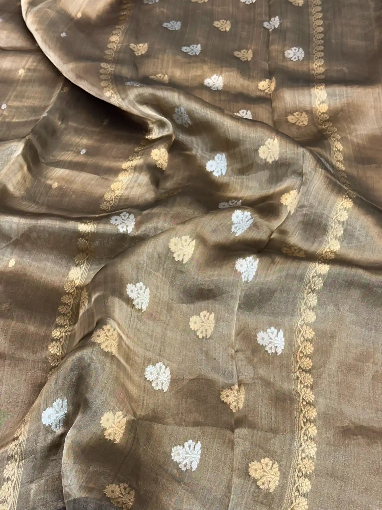 Beige Brown Handwoven Pure Tissue Silk Saree