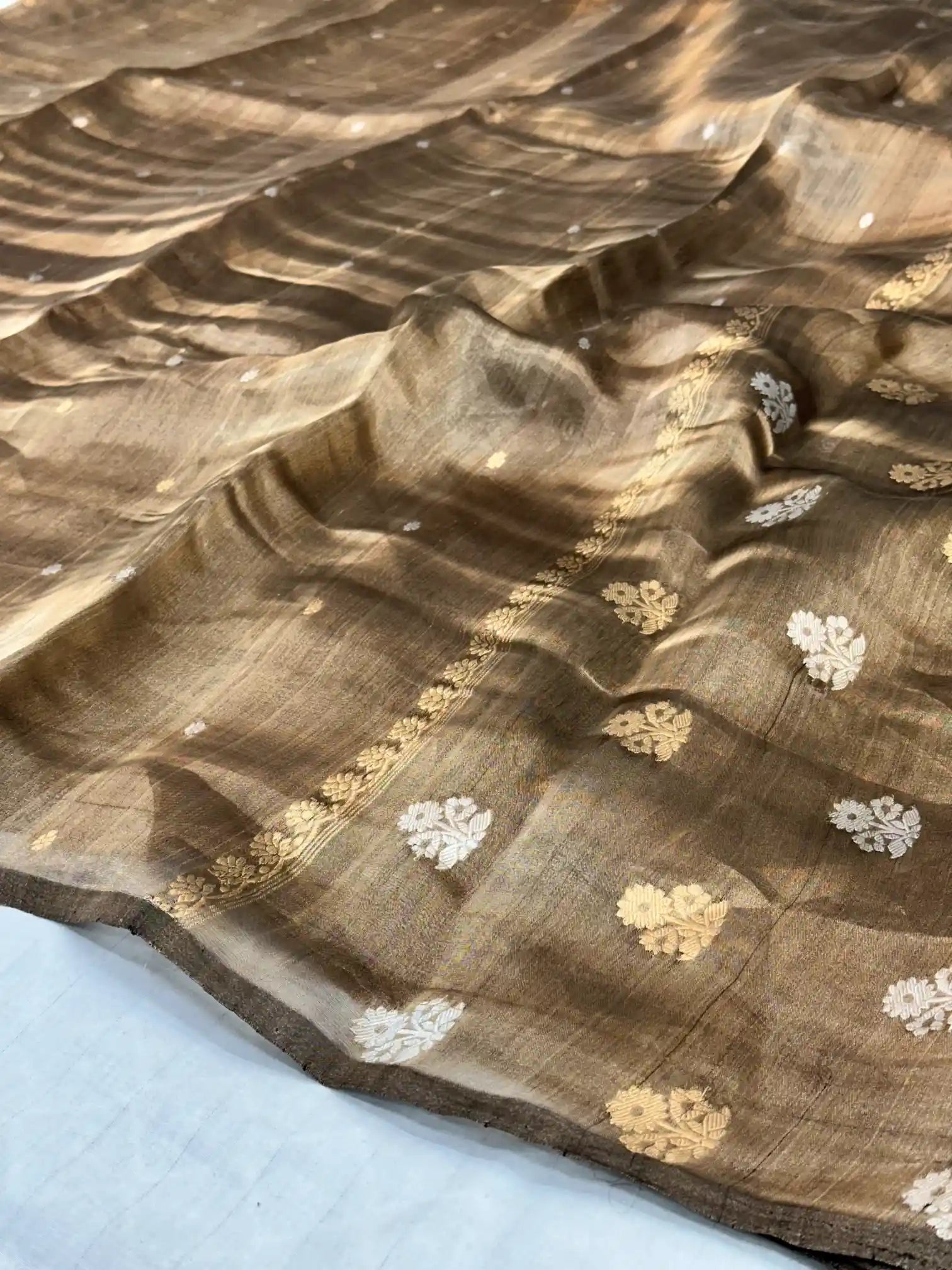Beige Brown Handwoven Pure Tissue Silk Saree