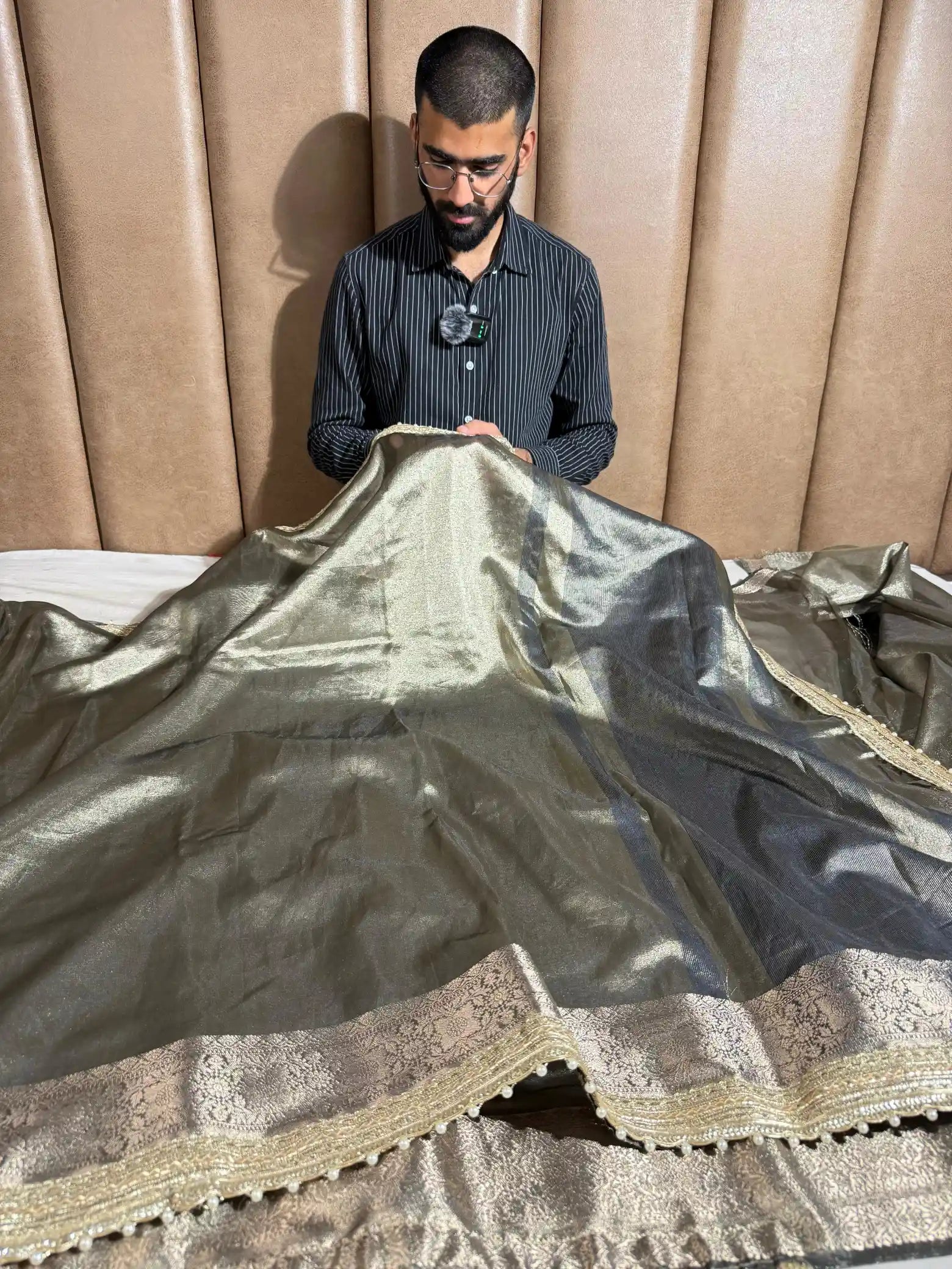 Beige Brown Tissue Silk Designer Lace Work Banarasi Saree