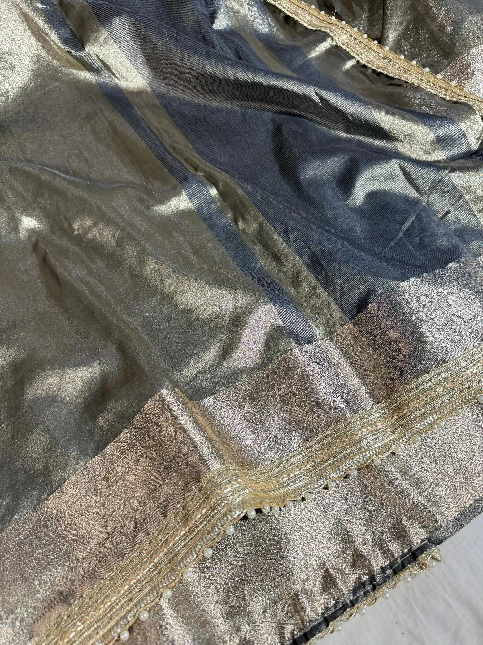 Beige Brown Tissue Silk Designer Lace Work Banarasi Saree