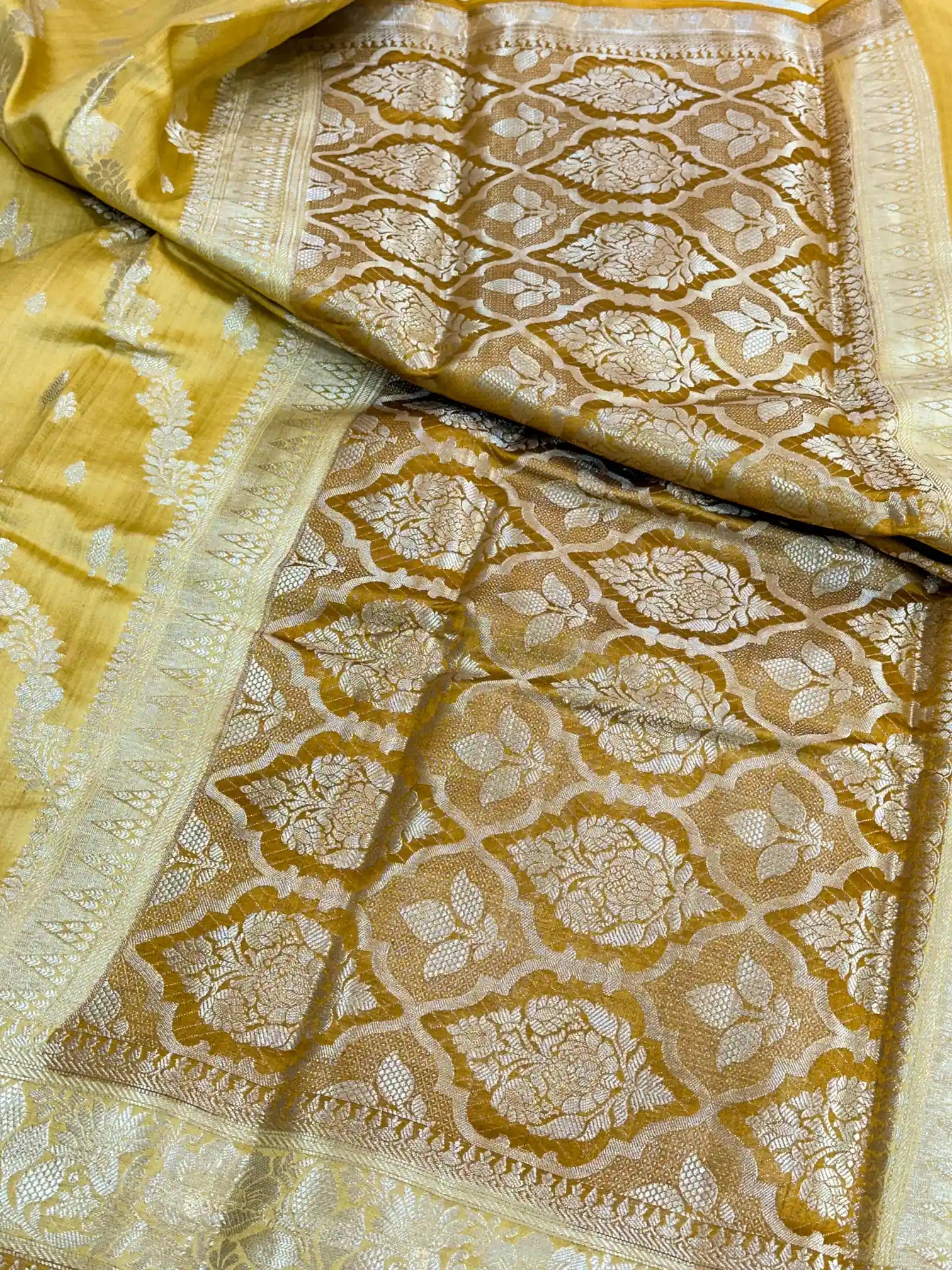 Biscotti Yellow Leheriya Pure Chiniya Silk Banarasi Saree