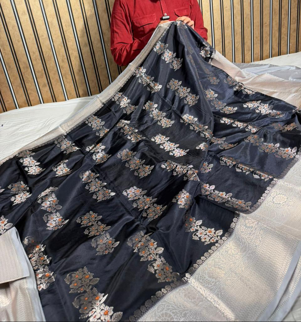 Black Contrast Banana Silk Meenakari Weave Banarasi Saree