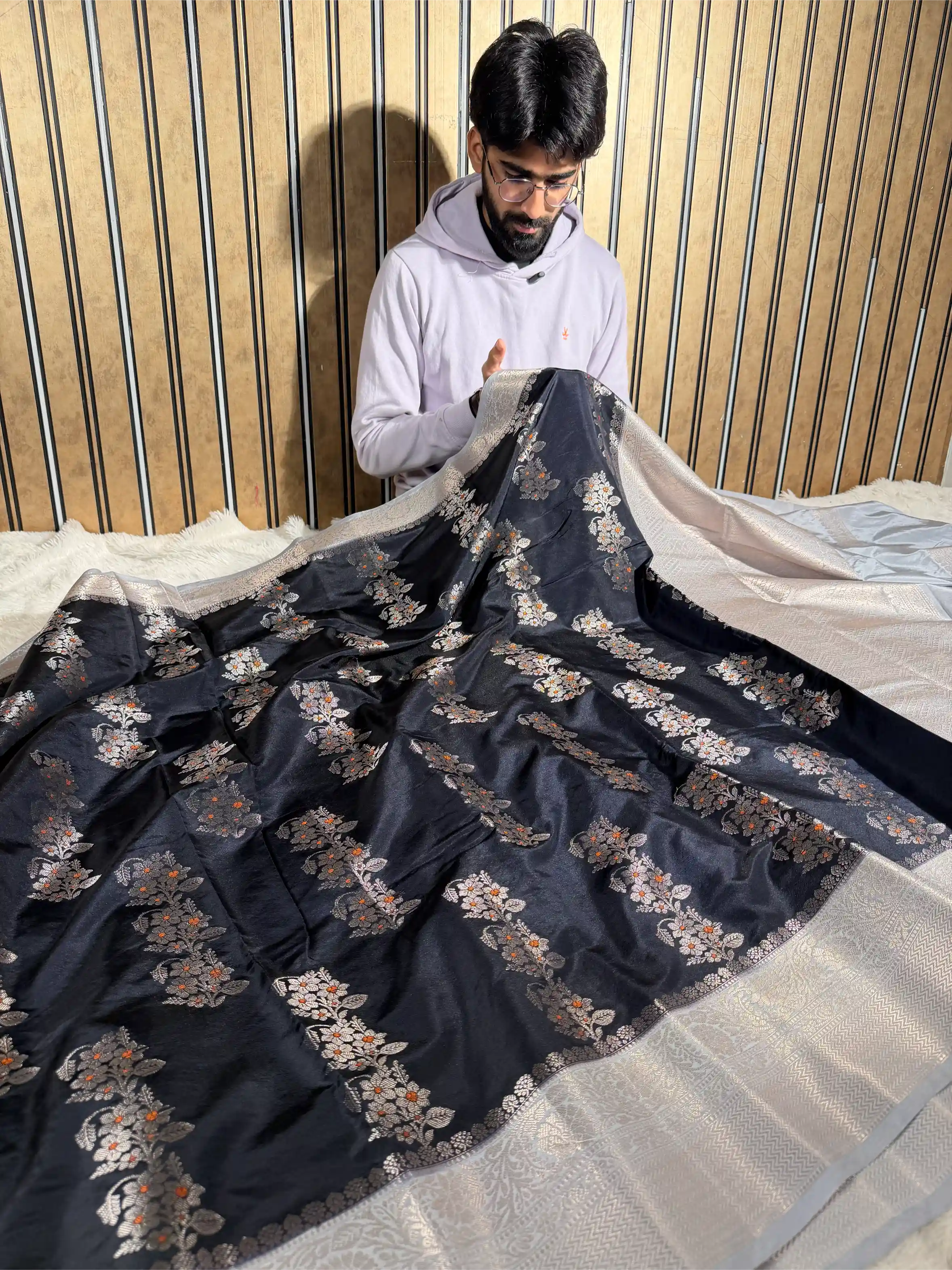Black Contrast Banana Silk Meenakari Weave Banarasi Saree