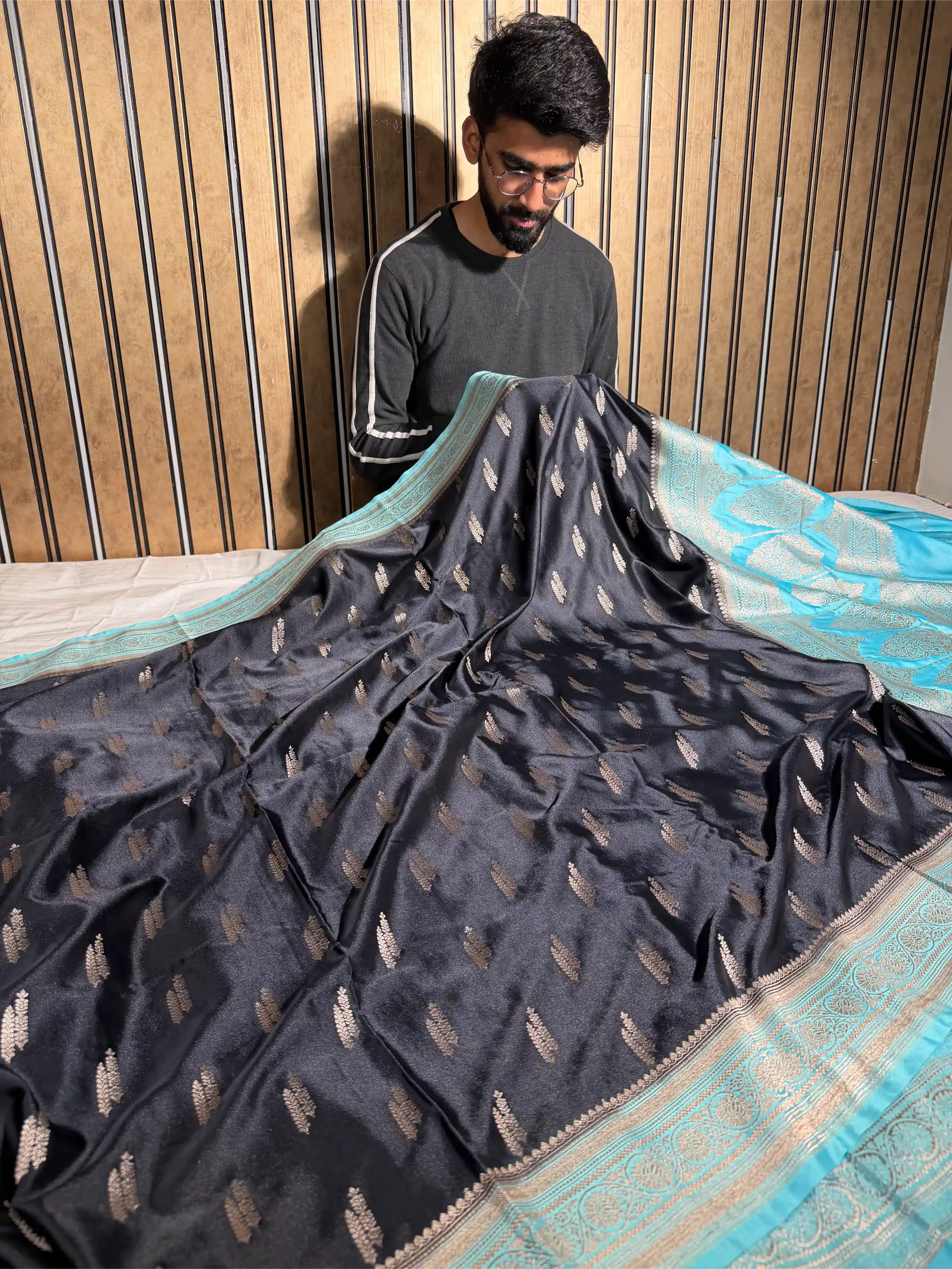 Black Contrast Mashru Katan Contemporary Weave Banarasi Saree