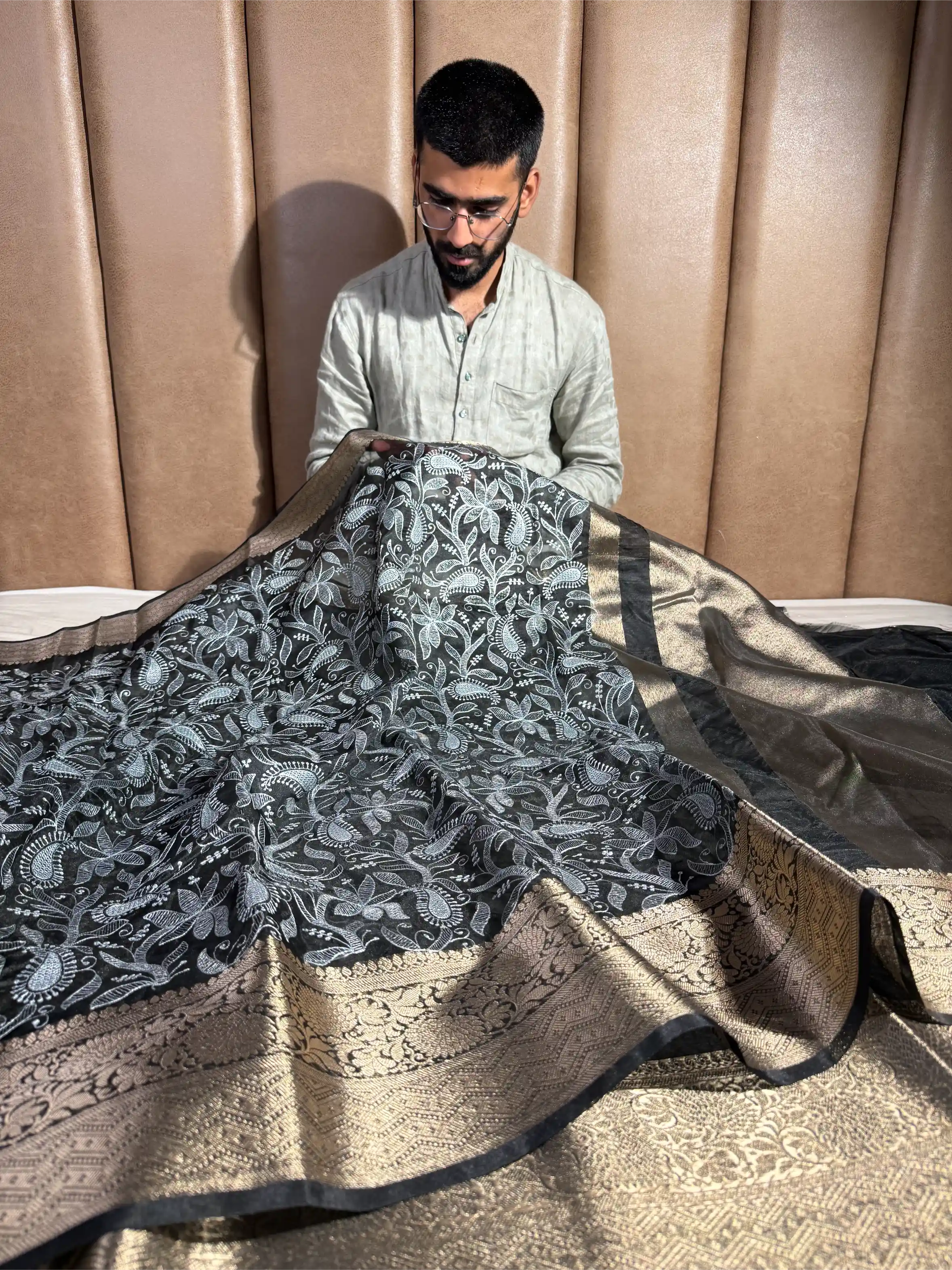 Black Organza Silk Chikankari Work Banarasi Saree