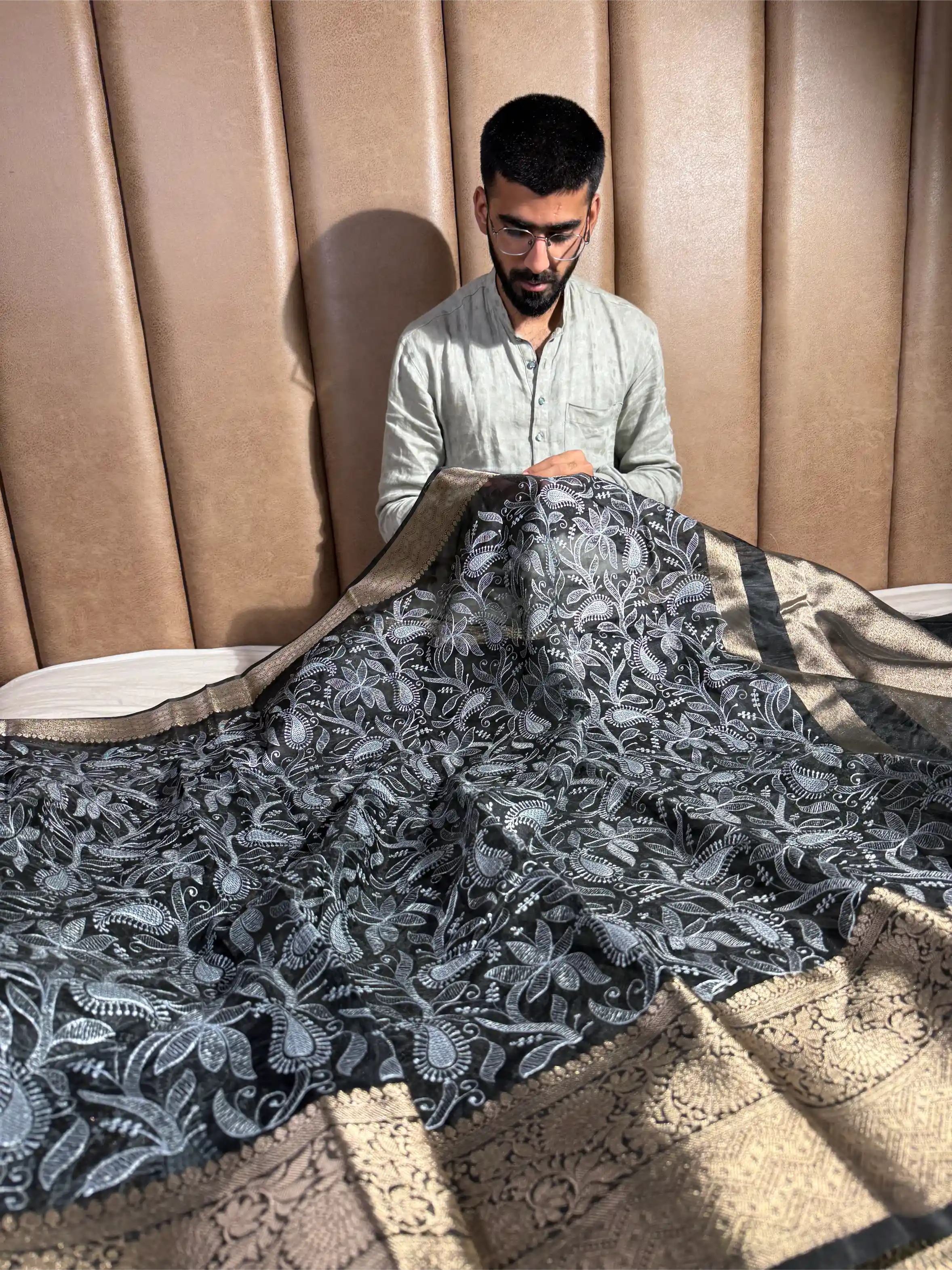 Black Organza Silk Chikankari Work Banarasi Saree