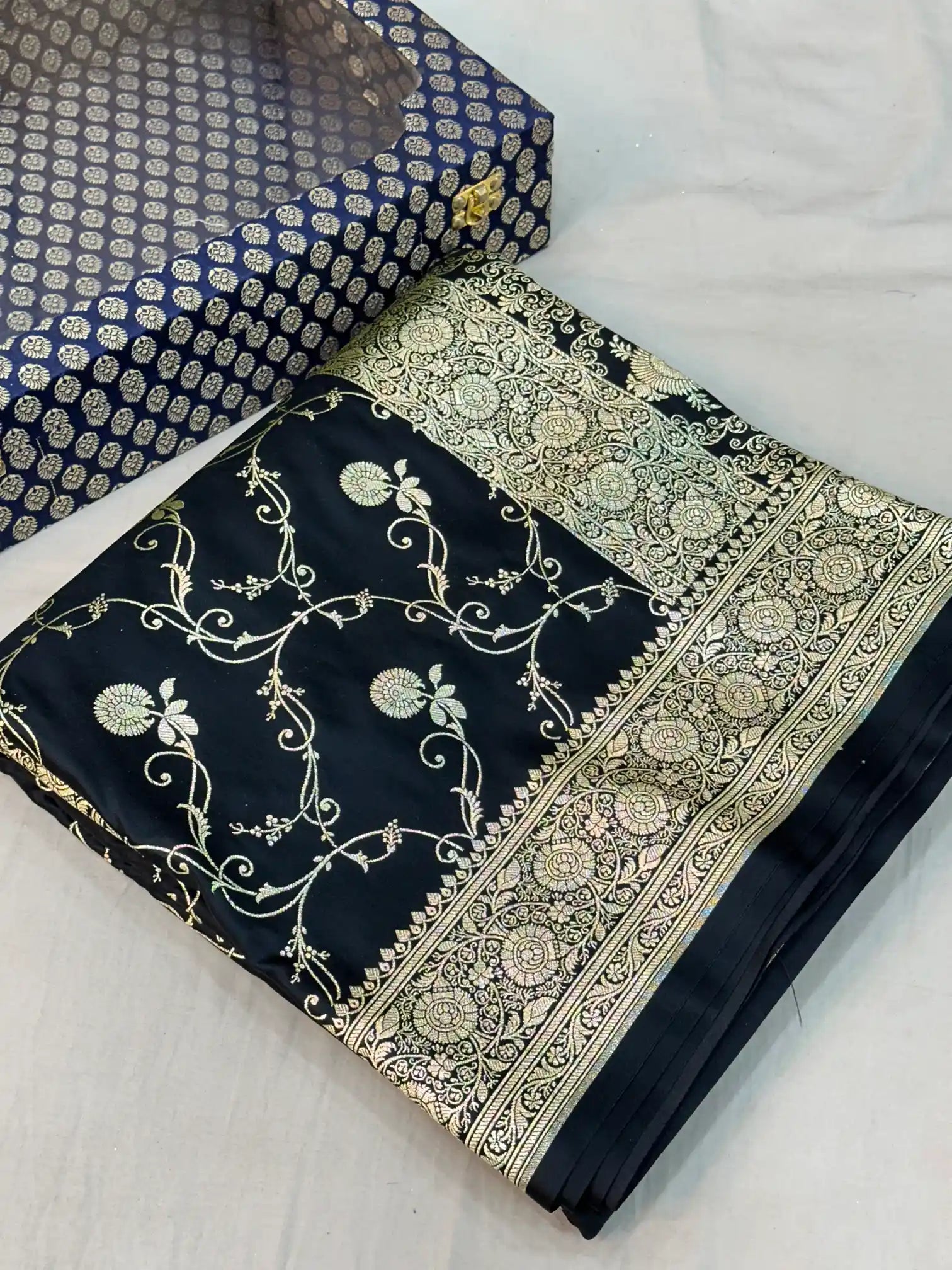 Black Satin Silk Saree with Rich Texture Design and Classical Pallu