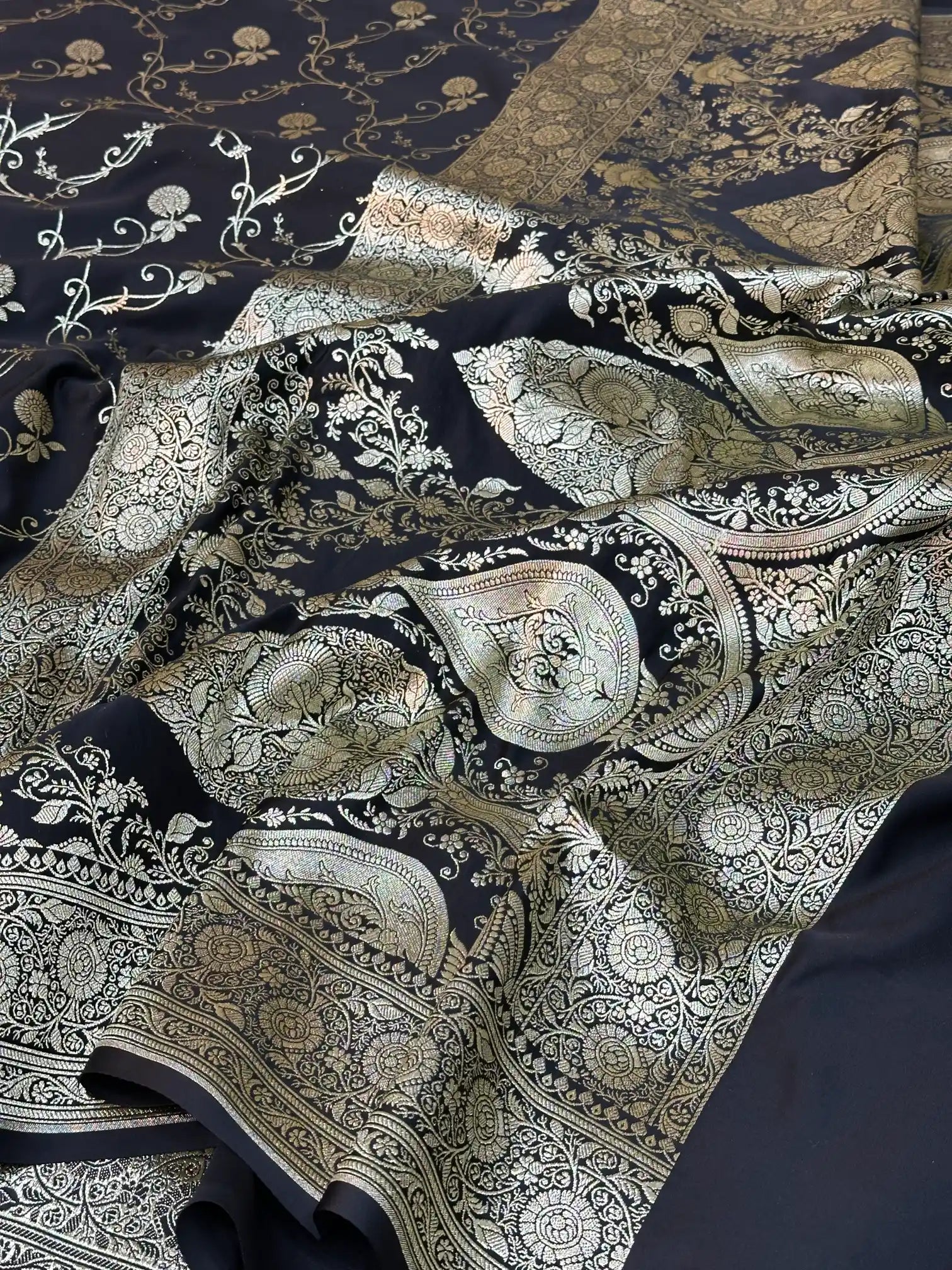 Black Satin Silk Saree with Rich Texture Design and Classical Pallu