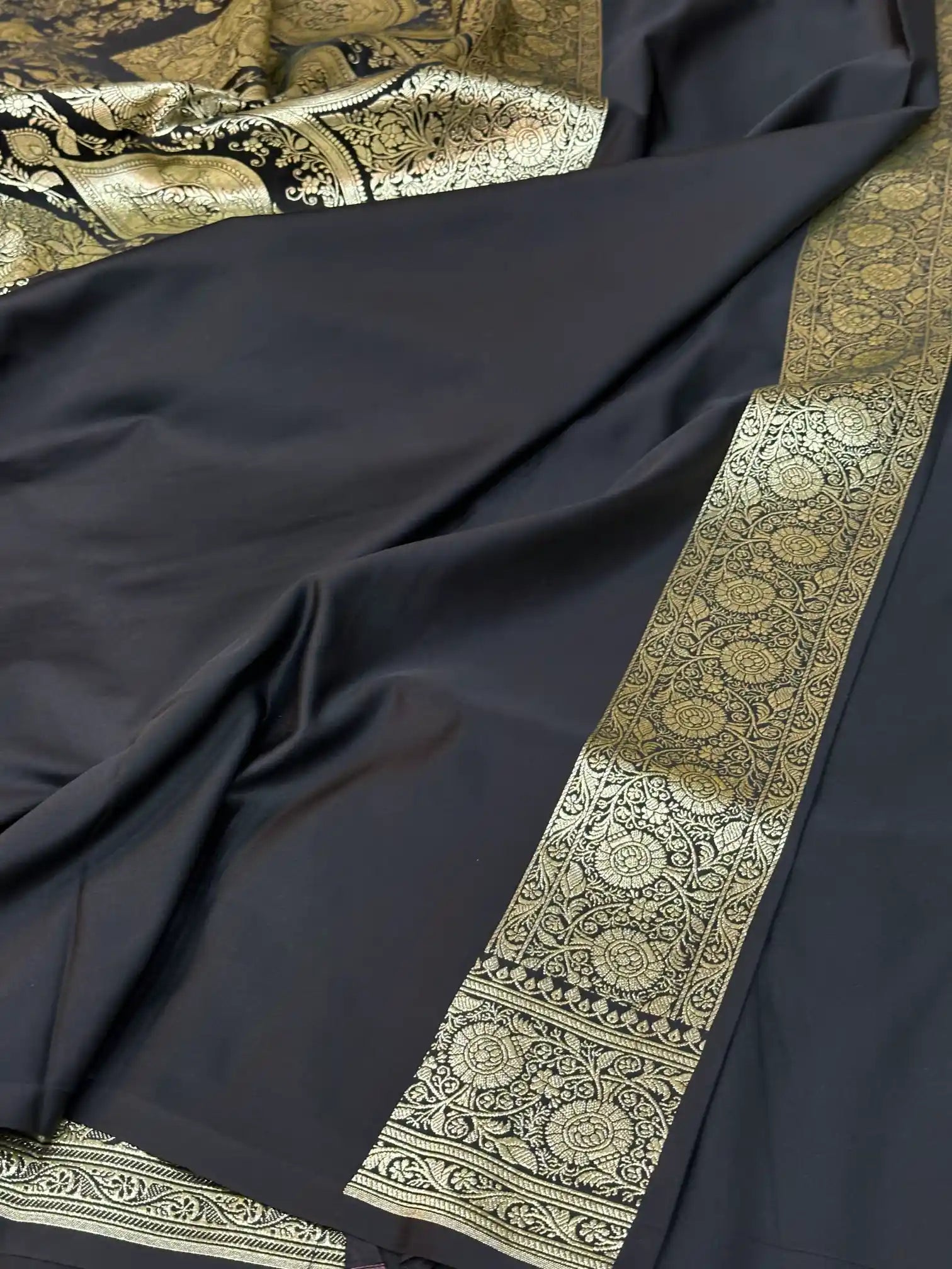Black Satin Silk Saree with Rich Texture Design and Classical Pallu