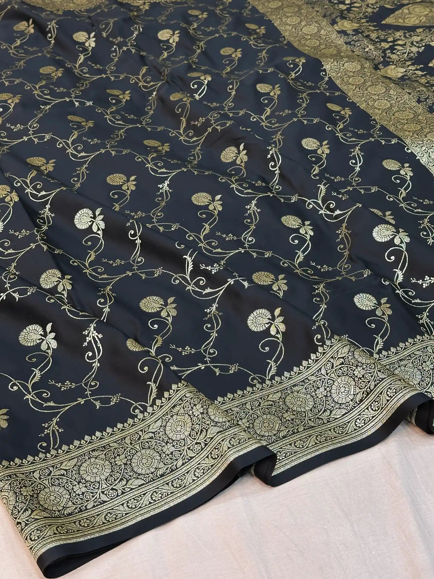 Black Satin Silk Saree with Rich Texture Design and Classical Pallu