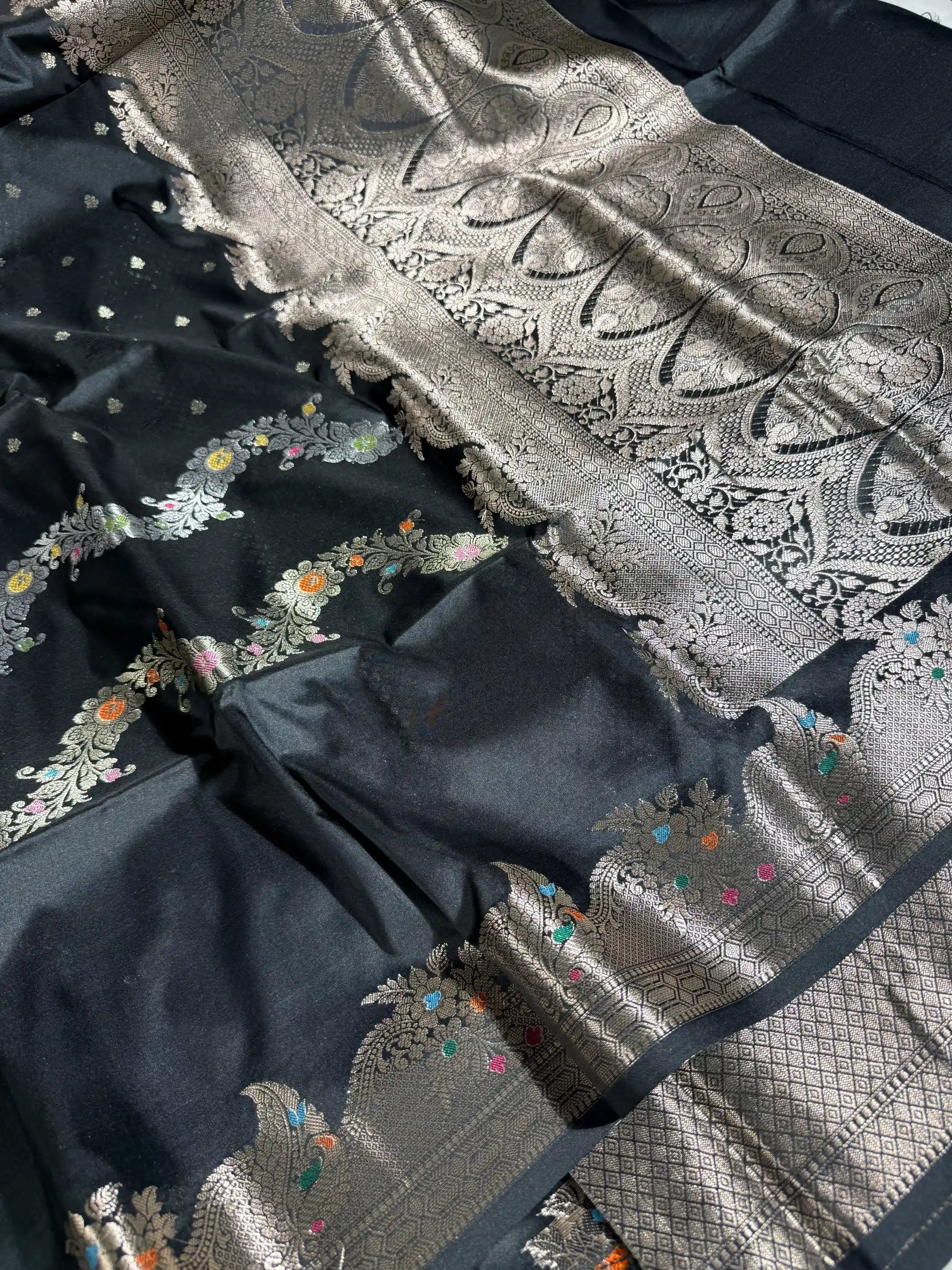 Black Semi Katan Silk Floral Meenakari Banarasi Saree