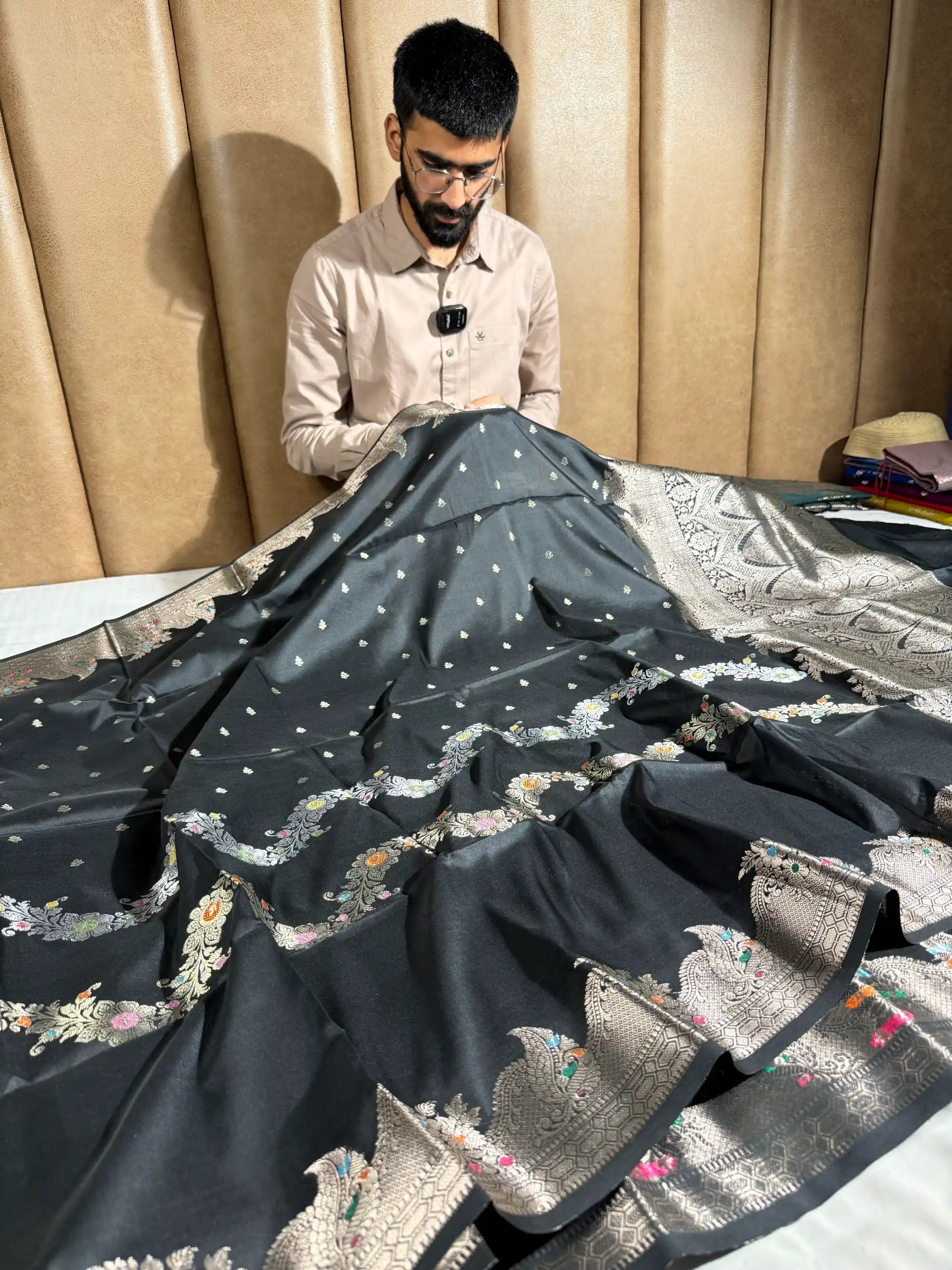 Black Semi Katan Silk Floral Meenakari Banarasi Saree