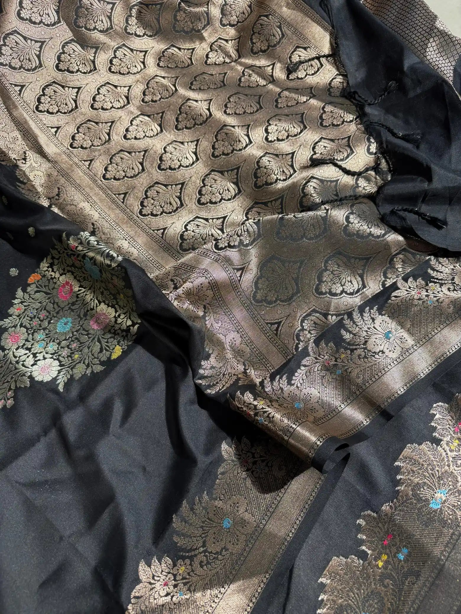 Black Semi Katan Silk Meenakari Intricate Weave Banarasi Saree