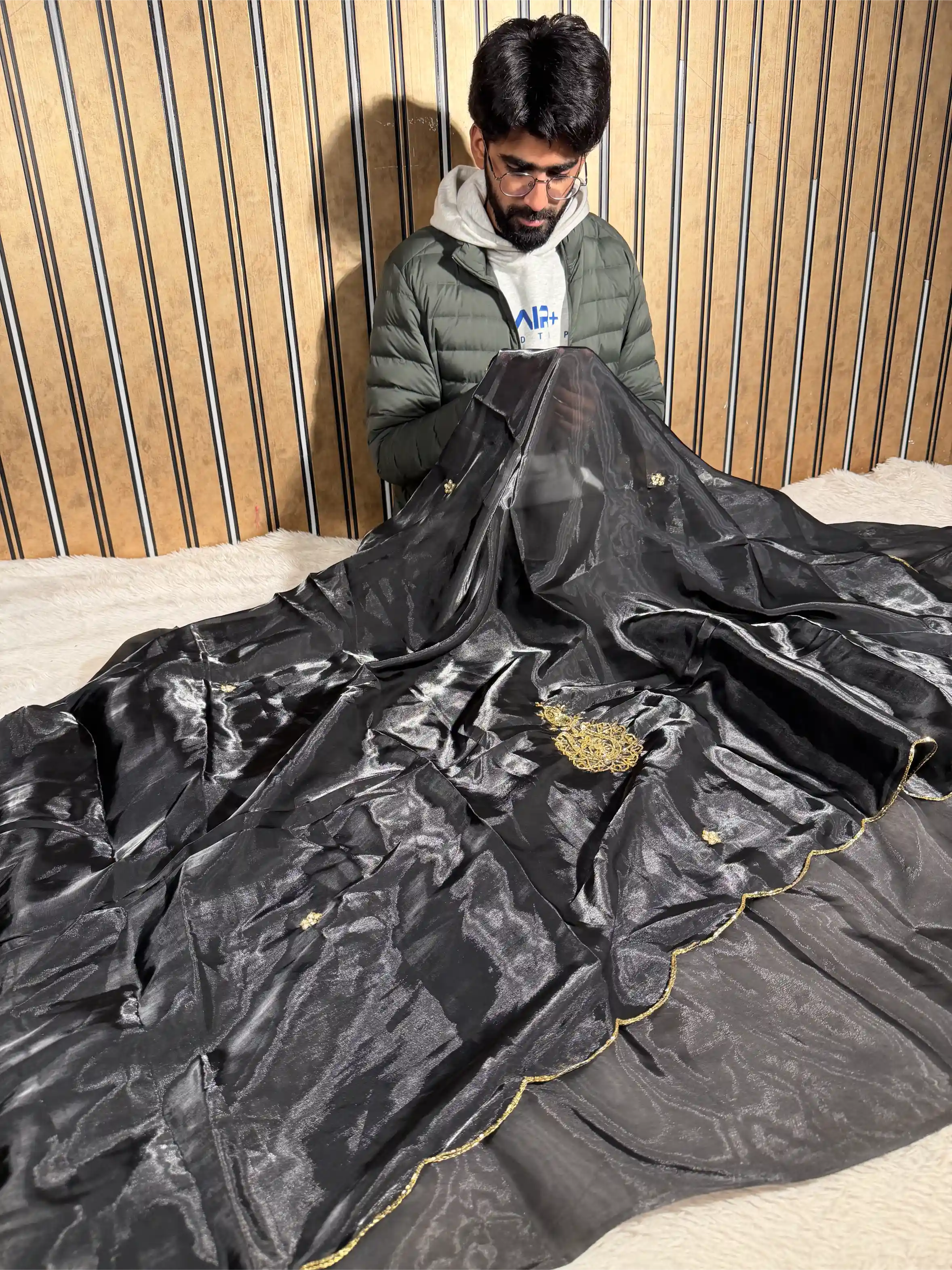 Black Shade Shimmery Tissue Silk Designer Saree