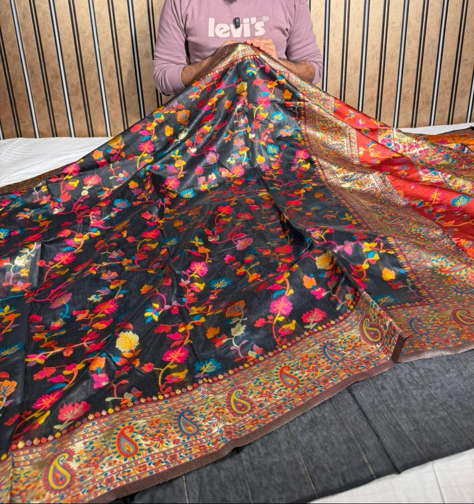 Black Soft Cotton Pashmina Tilfi Meenakari Banarasi Saree