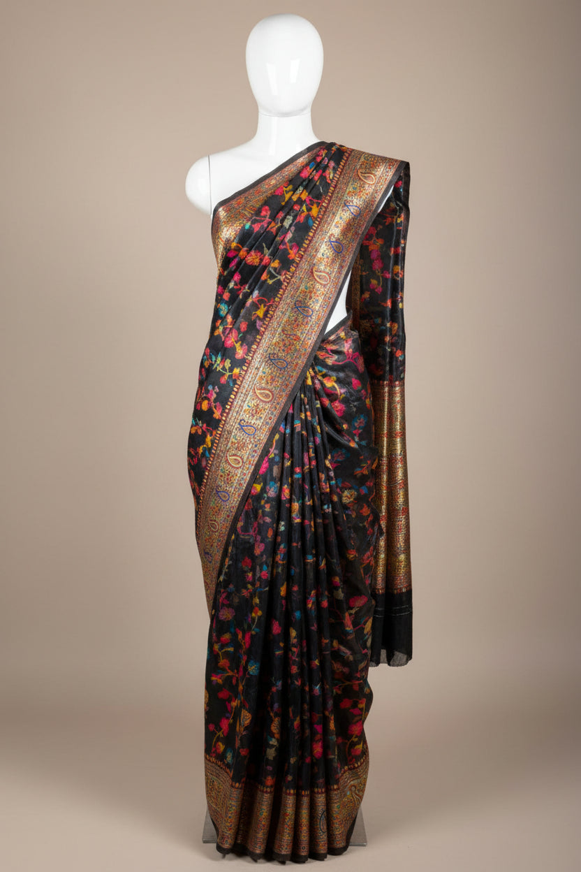 Black Soft Cotton Pashmina Tilfi Meenakari Banarasi Saree