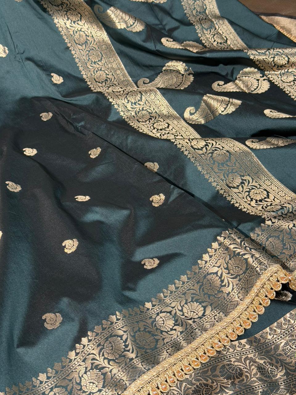 Bottle Green Banarasi Silk Lace Work Saree