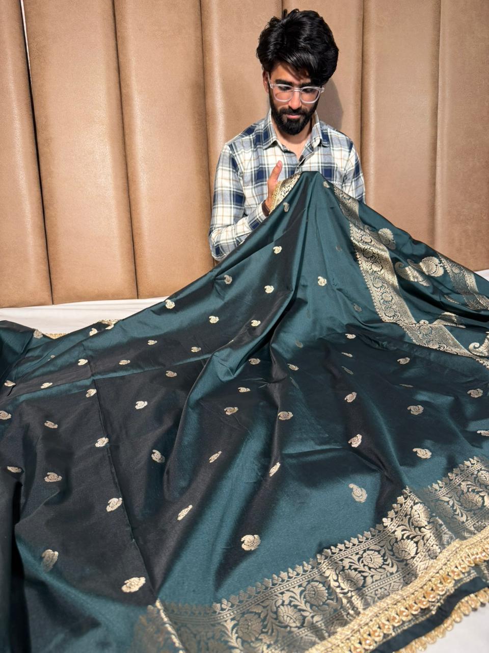 Bottle Green Banarasi Silk Lace Work Saree