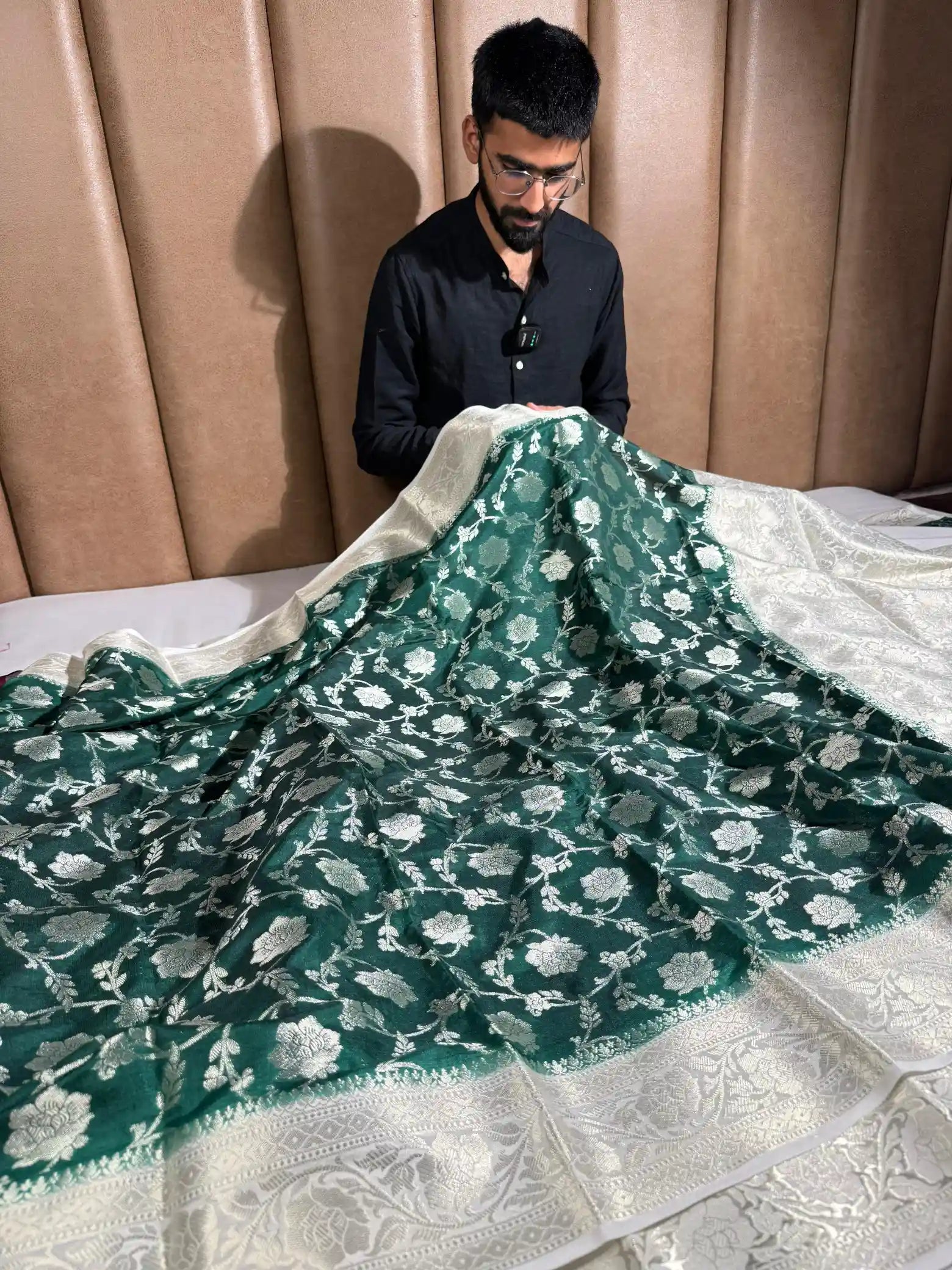 Bottle Green Contrast Chinia Silk Banarasi Saree