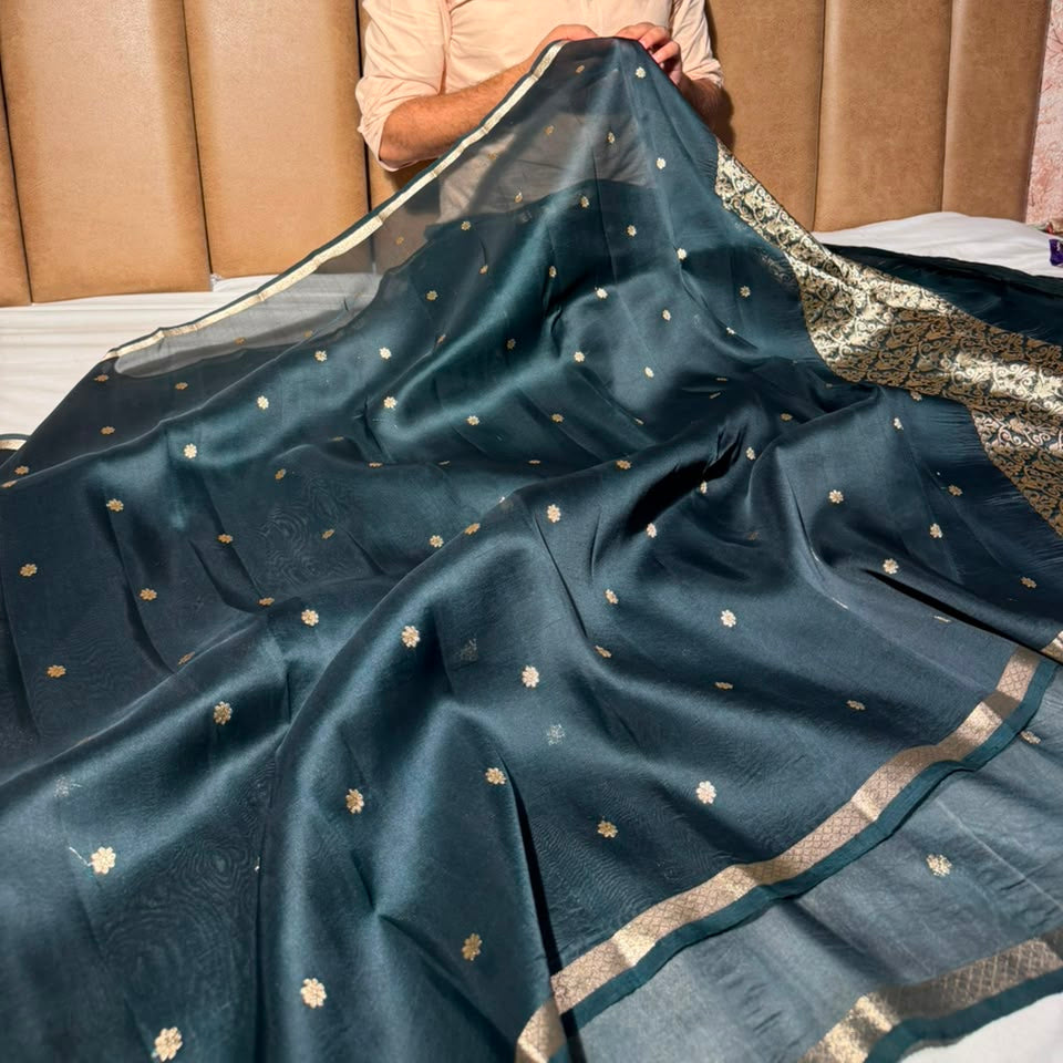 Bottle Green Handwoven Pure Organza Banarasi Saree