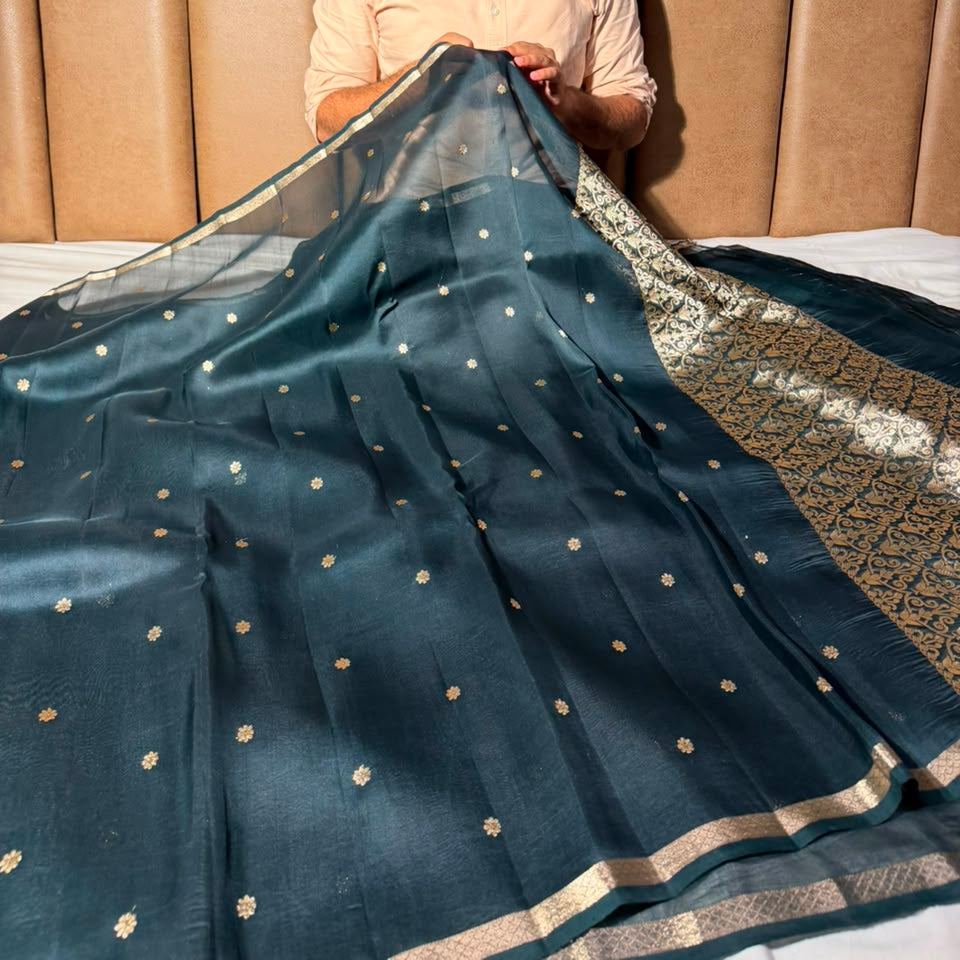Bottle Green Handwoven Pure Organza Banarasi Saree
