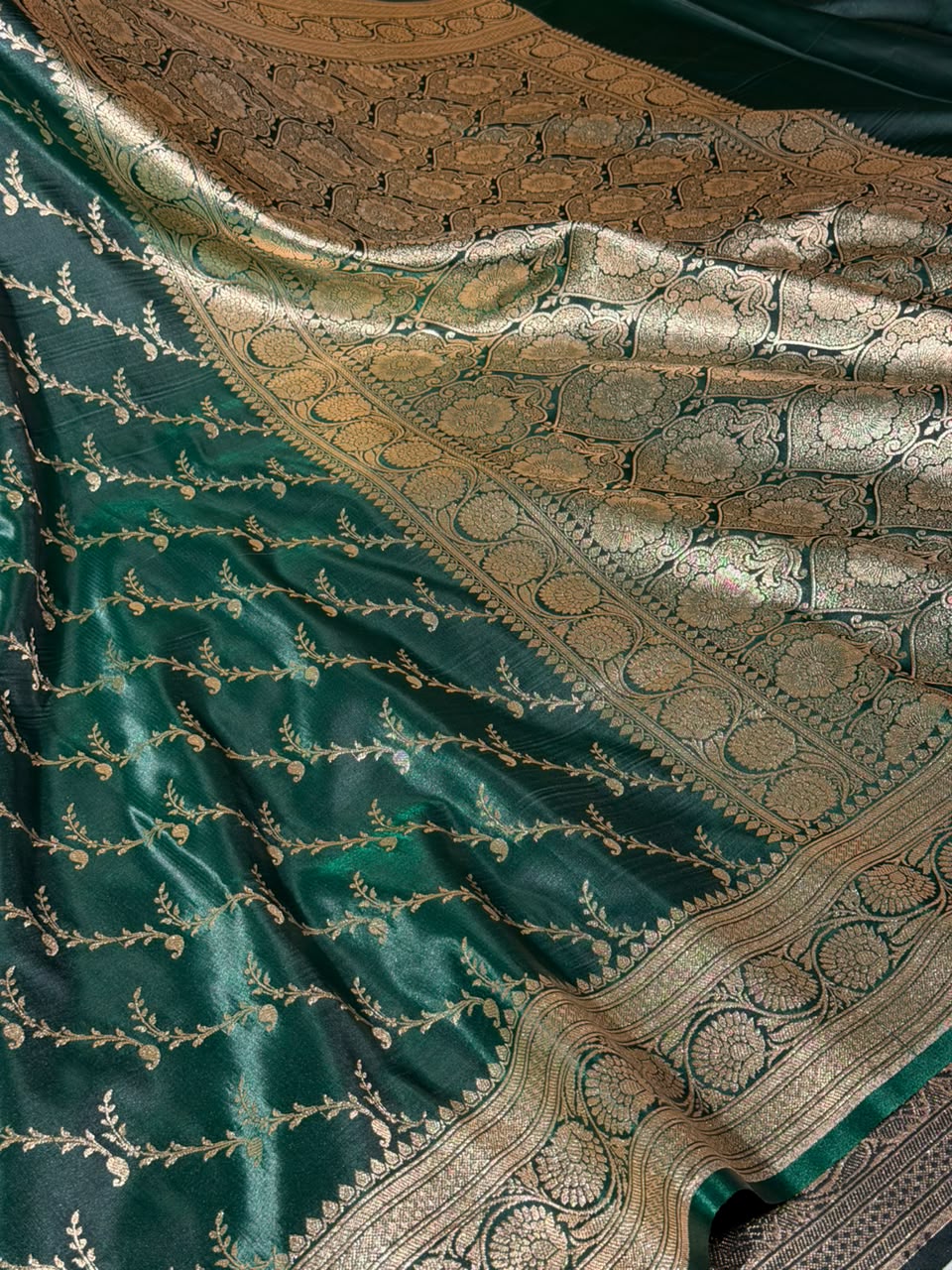 Bottle Green Satin Silk Intricate Banarasi Saree