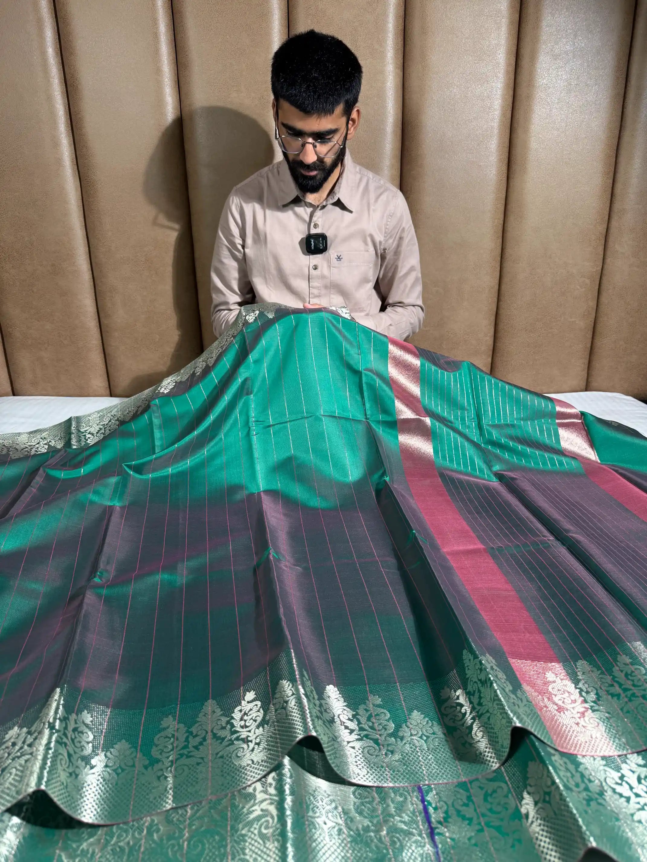 Bottle Green Softsilk Stripes Weave Banarasi Saree