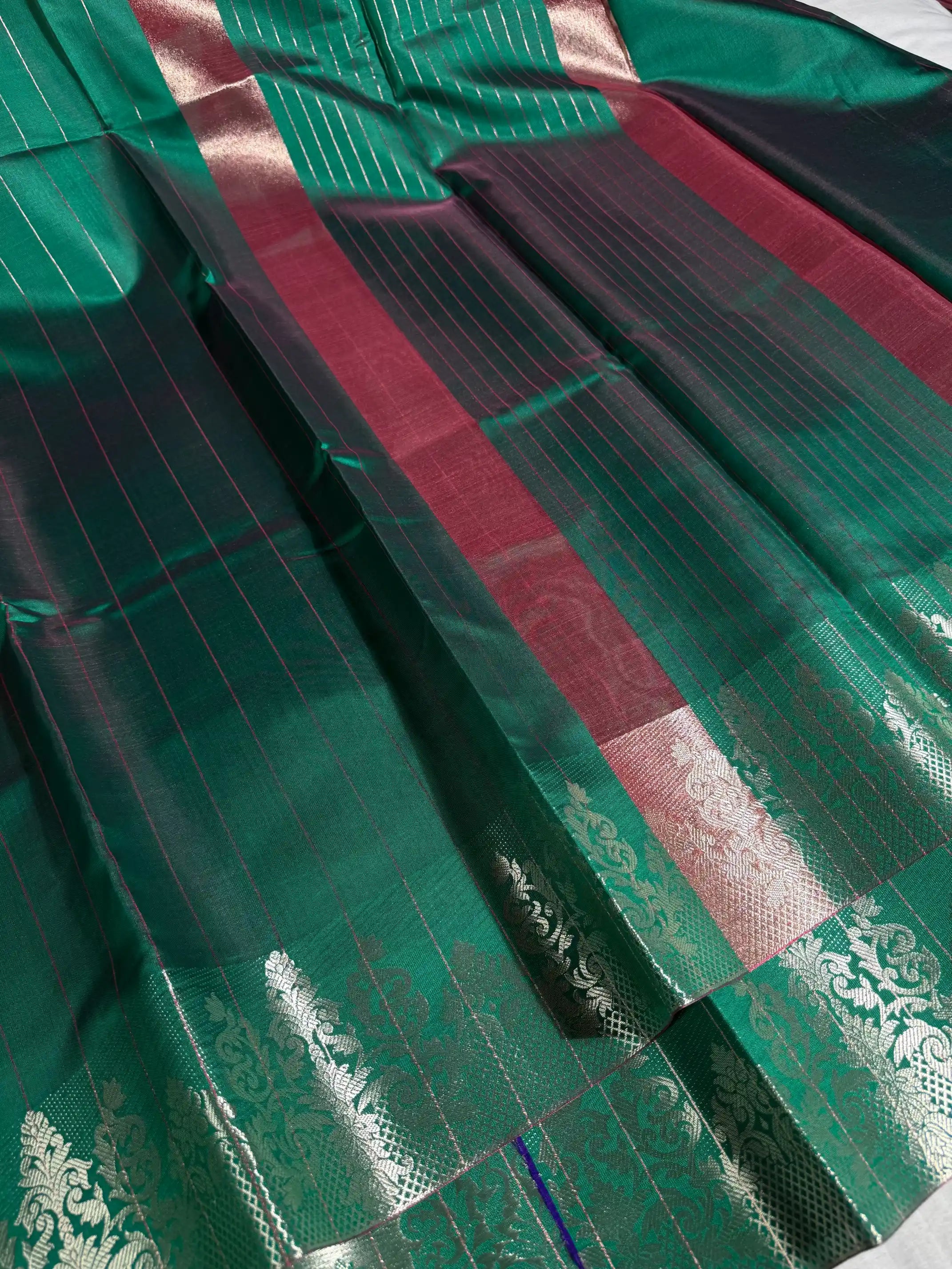 Bottle Green Softsilk Stripes Weave Banarasi Saree