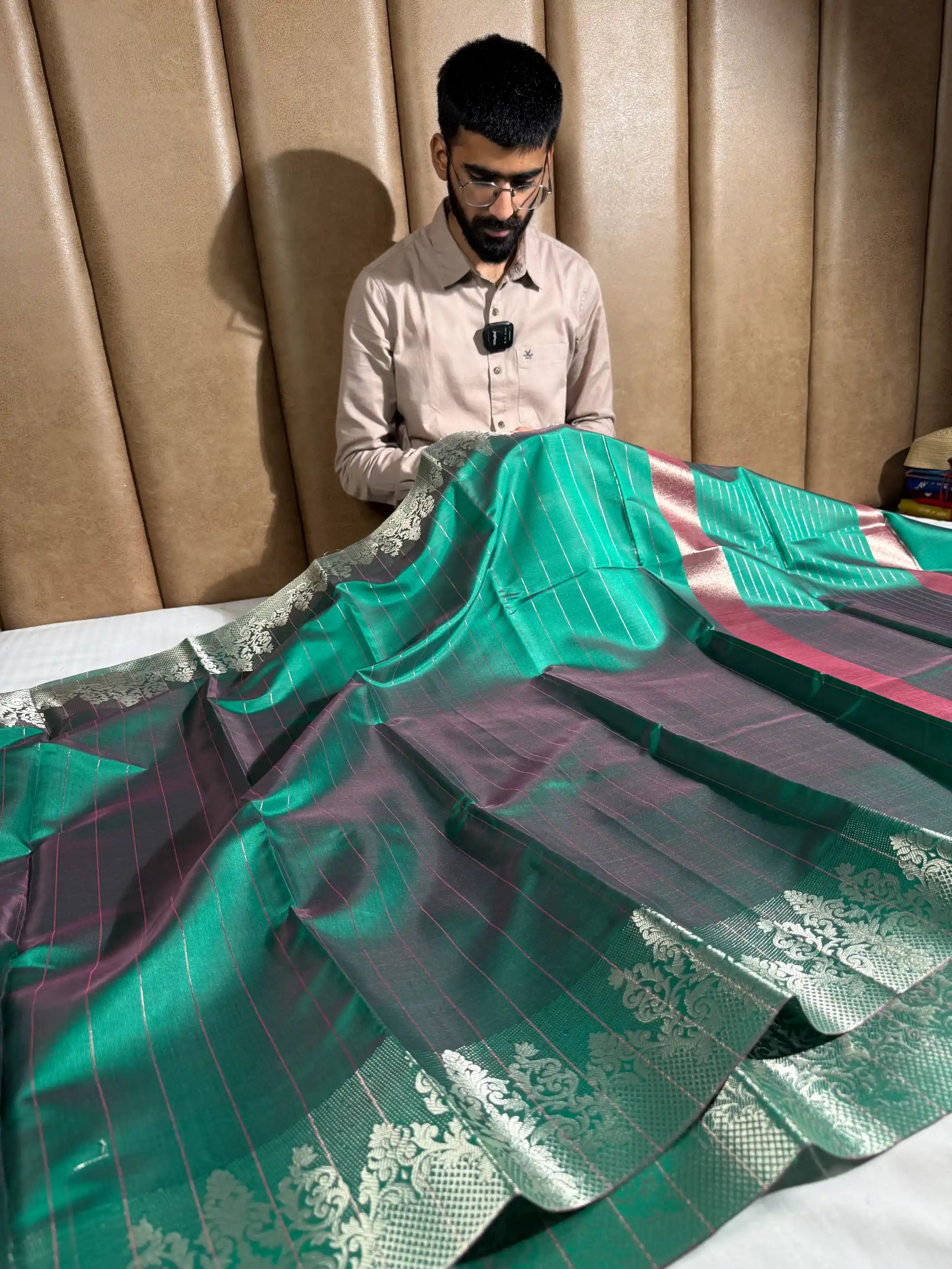 Bottle Green Softsilk Stripes Weave Banarasi Saree