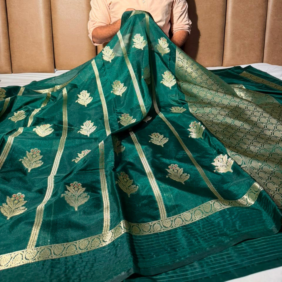 Bottle Green Stripe Weave Chinia Silk Banarasi Saree